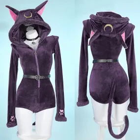 Cosplay Sexy Cat Zipper Belt Plush Slim Jumpsuit Lingerie