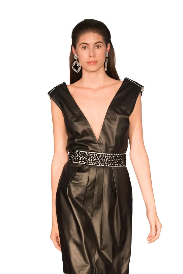 Crystal Adorned Belt Deep V Neck Reindeer Leather Evening Dress -  Limited Edition