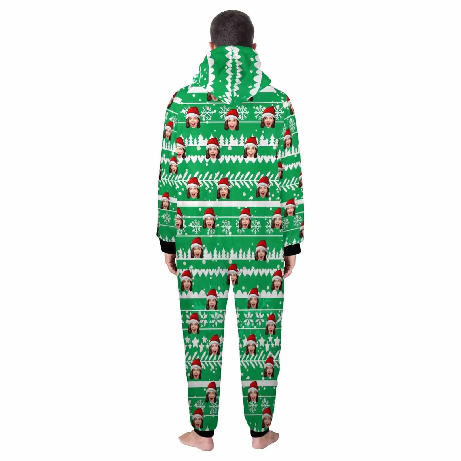 Custom Face Christmas Hat Onesie Pajamas Flannel Fleece Adult Jumpsuit Homewear