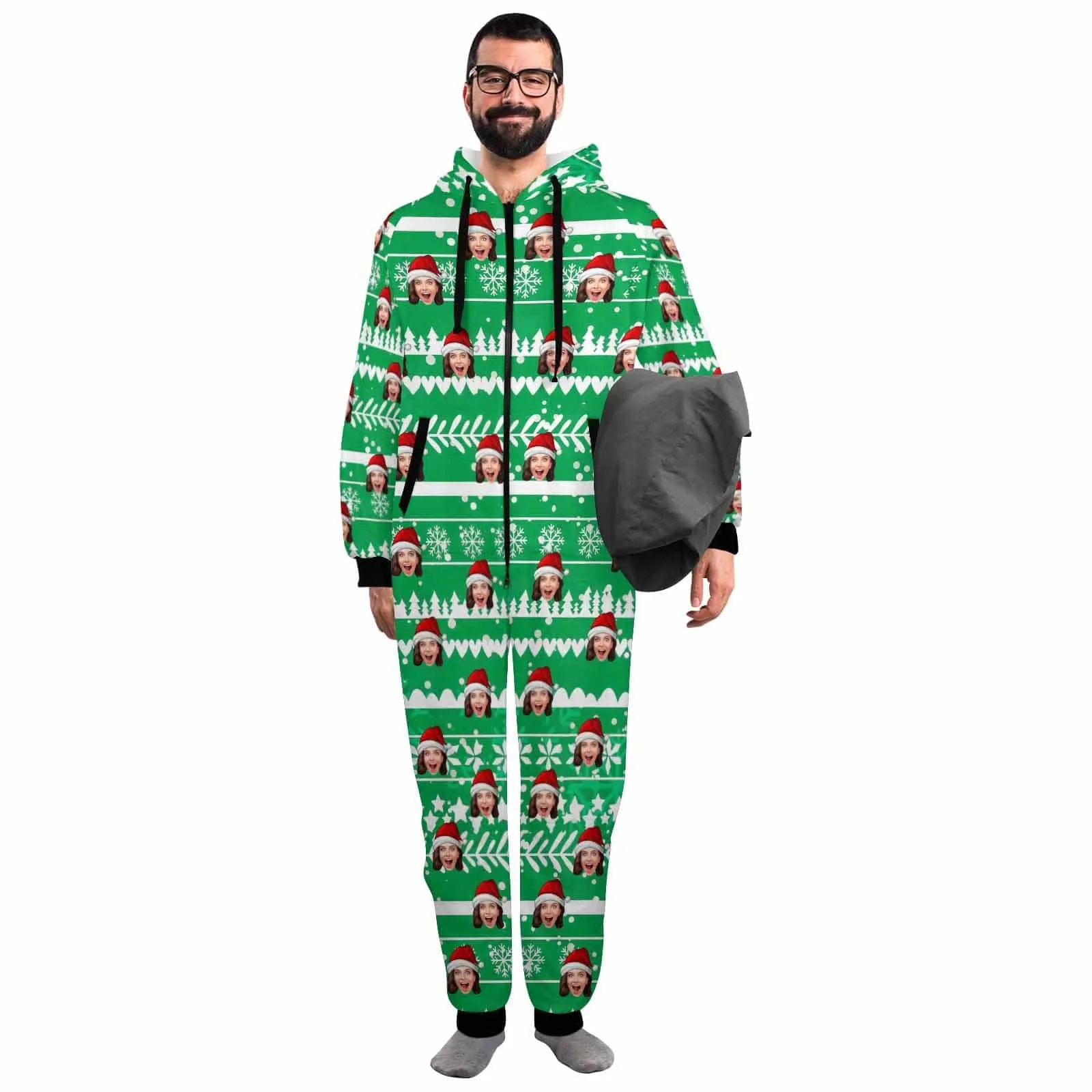 Custom Face Christmas Hat Onesie Pajamas Flannel Fleece Adult Jumpsuit Homewear