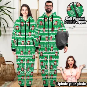 Custom Face Christmas Hat Onesie Pajamas Flannel Fleece Adult Jumpsuit Homewear