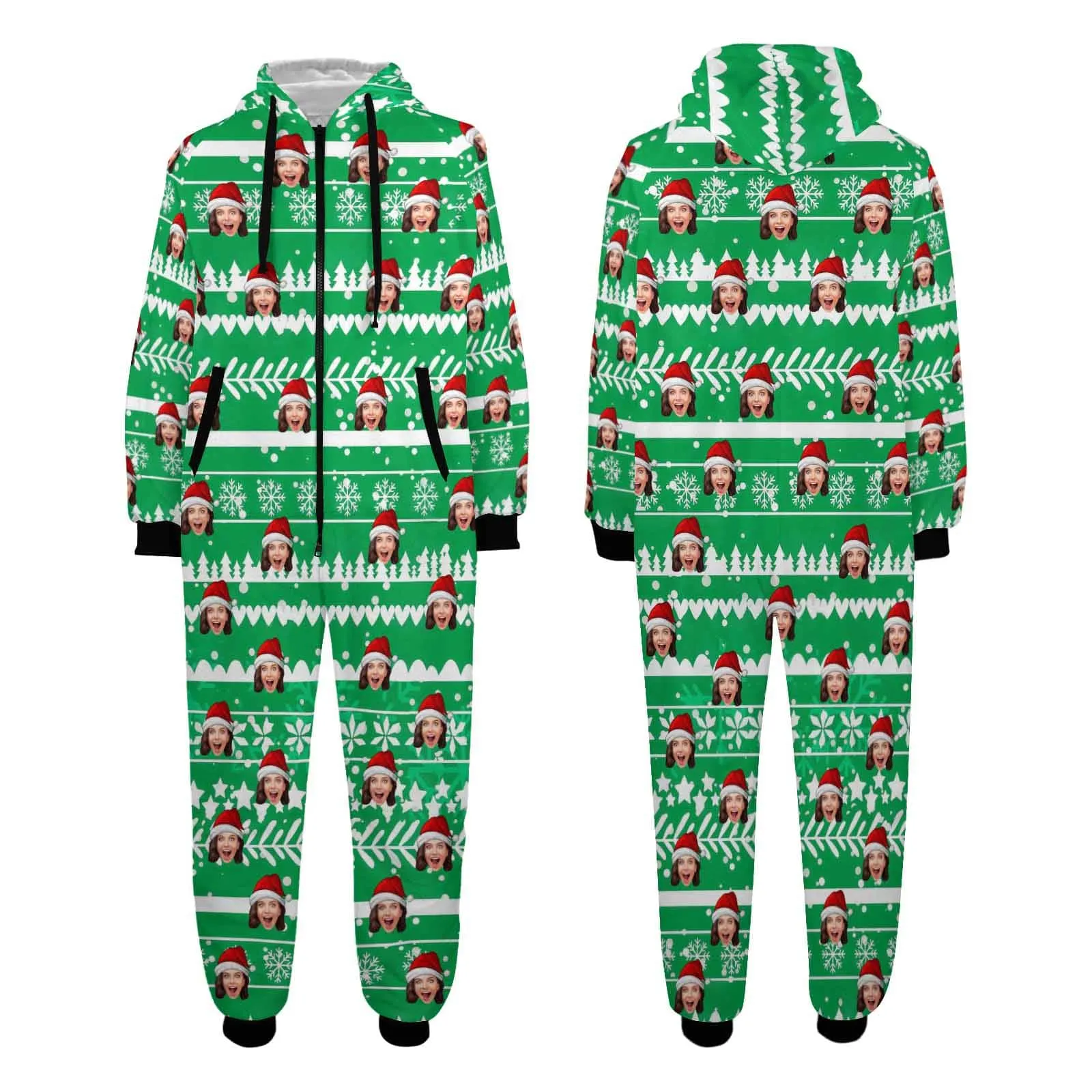 Custom Face Christmas Hat Onesie Pajamas Flannel Fleece Adult Jumpsuit Homewear