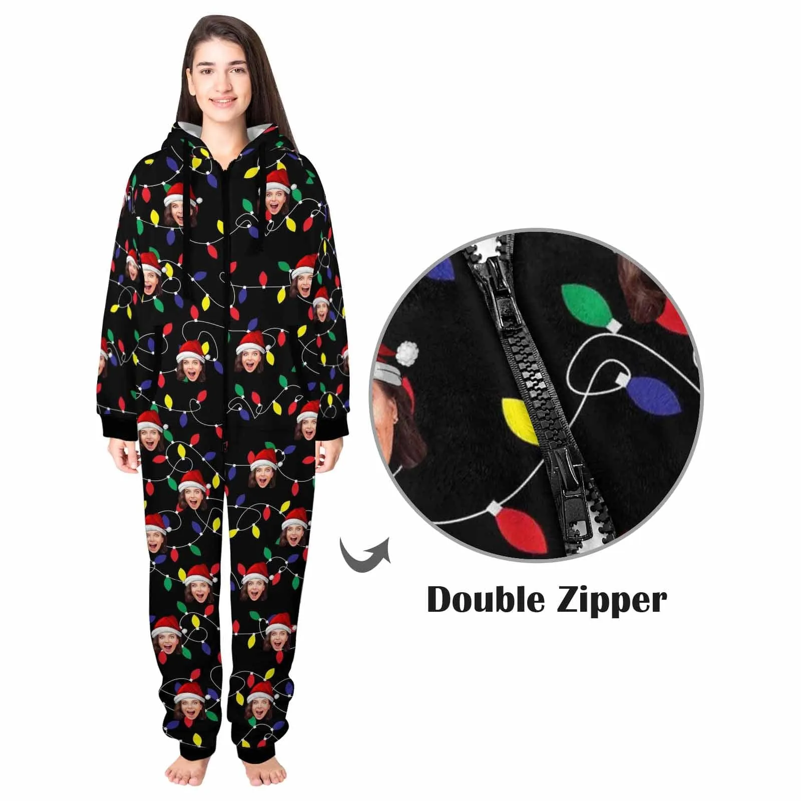 Custom Face Christmas Lights Onesie Pajamas Flannel Fleece Adult Jumpsuit Homewear