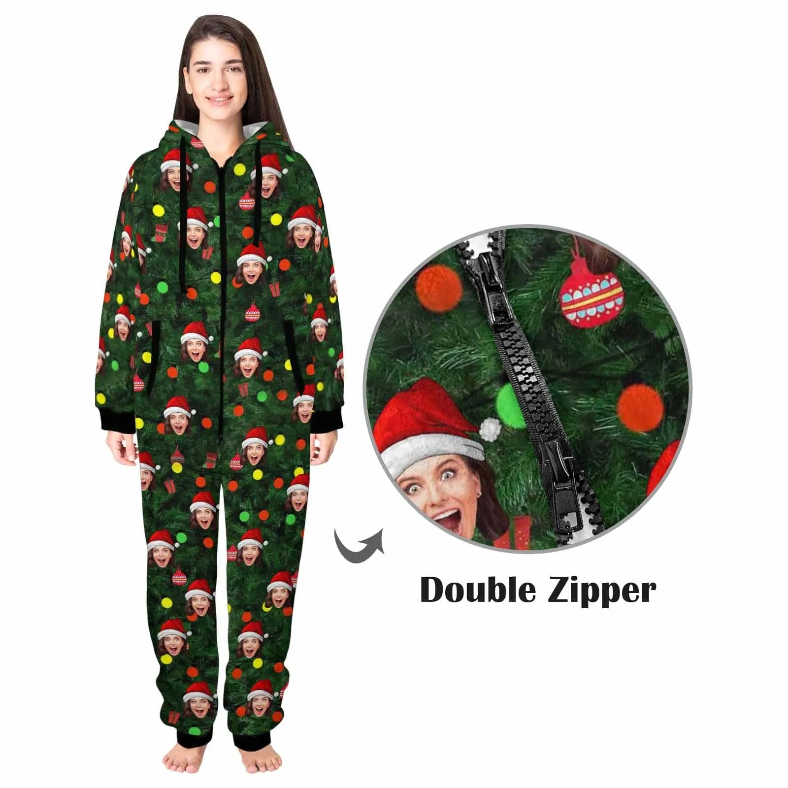 Custom Face Green Christmas Tree Onesie Pajamas Flannel Fleece Adult Jumpsuit Homewear