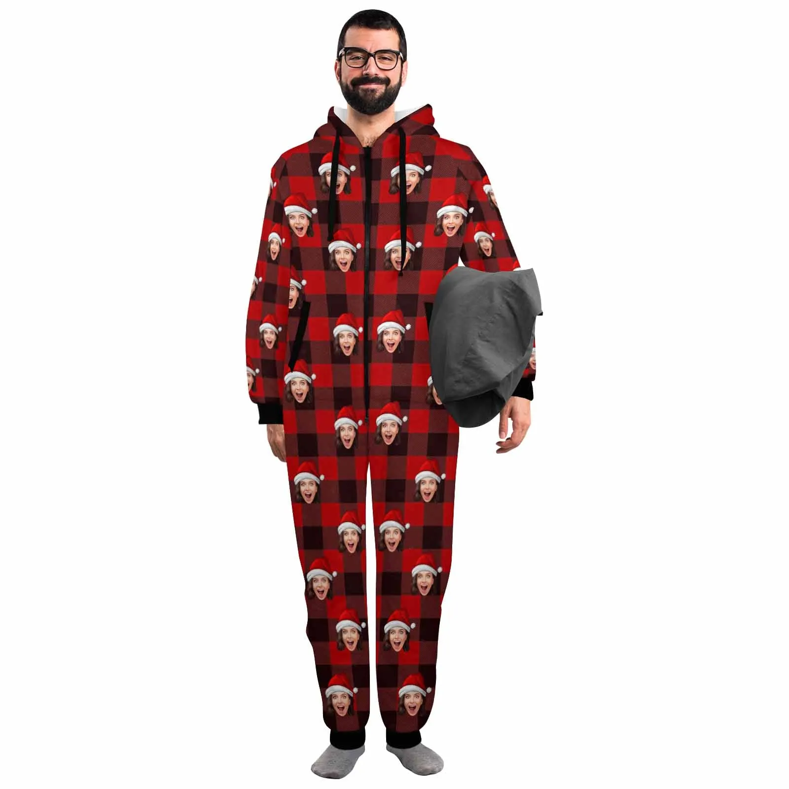 Custom Face Red Plaid Onesie Pajamas Flannel Fleece Adult Jumpsuit Homewear