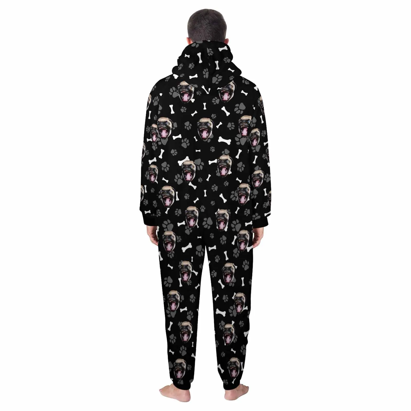 Custom Pet Face Dog Bones Onesie Pajamas Flannel Fleece Adult Jumpsuit Homewear