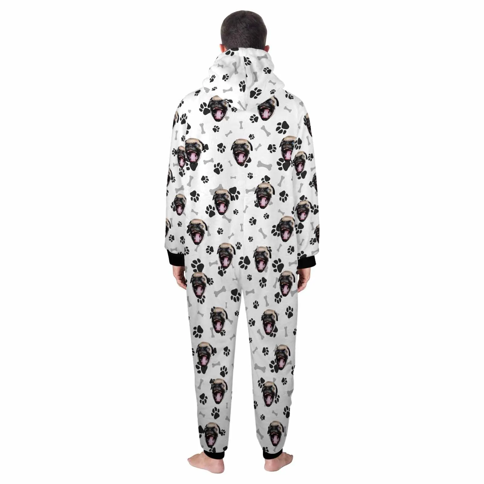 Custom Pet Face Dog Bones Onesie Pajamas Flannel Fleece Adult Jumpsuit Homewear