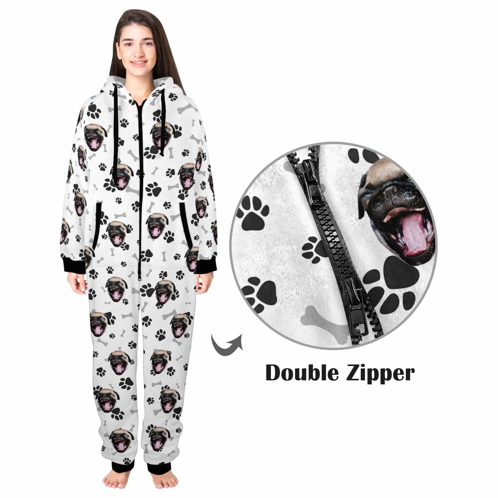 Custom Pet Face Dog Bones Onesie Pajamas Flannel Fleece Adult Jumpsuit Homewear