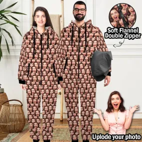 Custom Seamless Face Onesie Pajamas Flannel Fleece Adult Jumpsuit Homewear