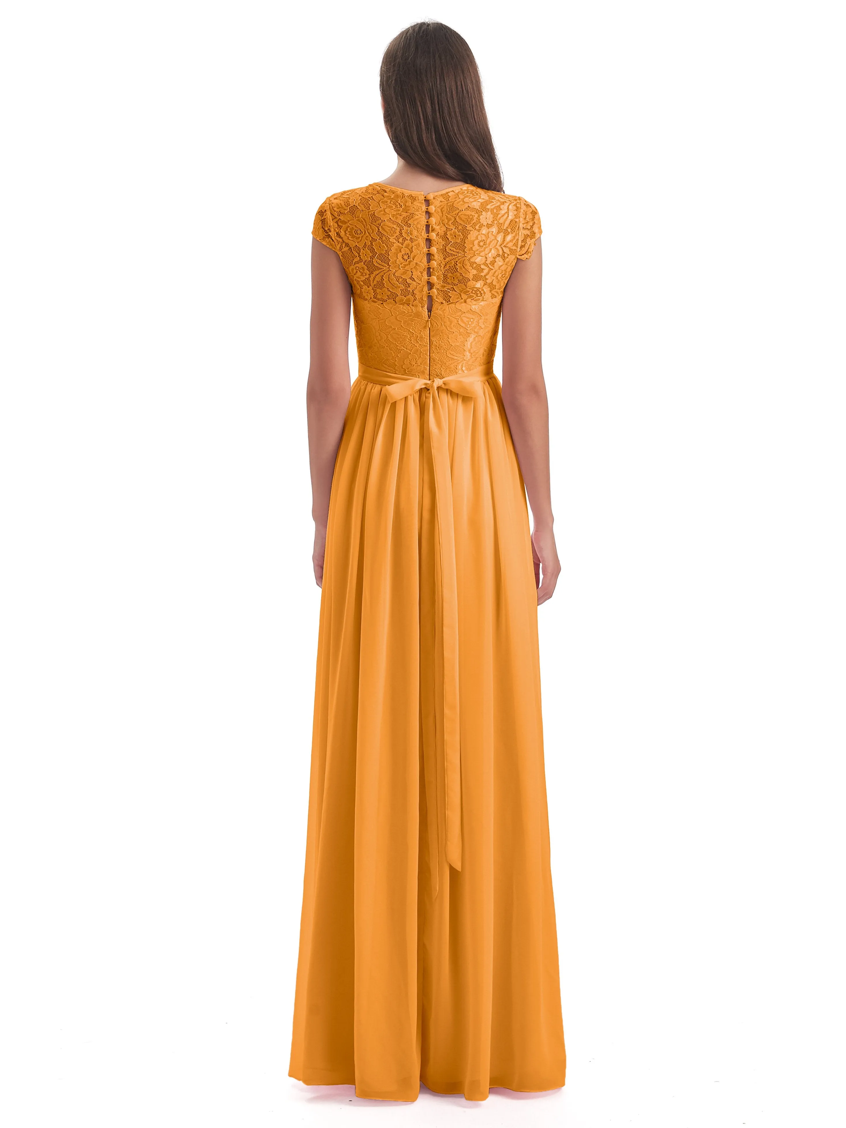 Darcy Modest Cap Sleeves Illusion Long Chiffon Bridesmaid Dresses