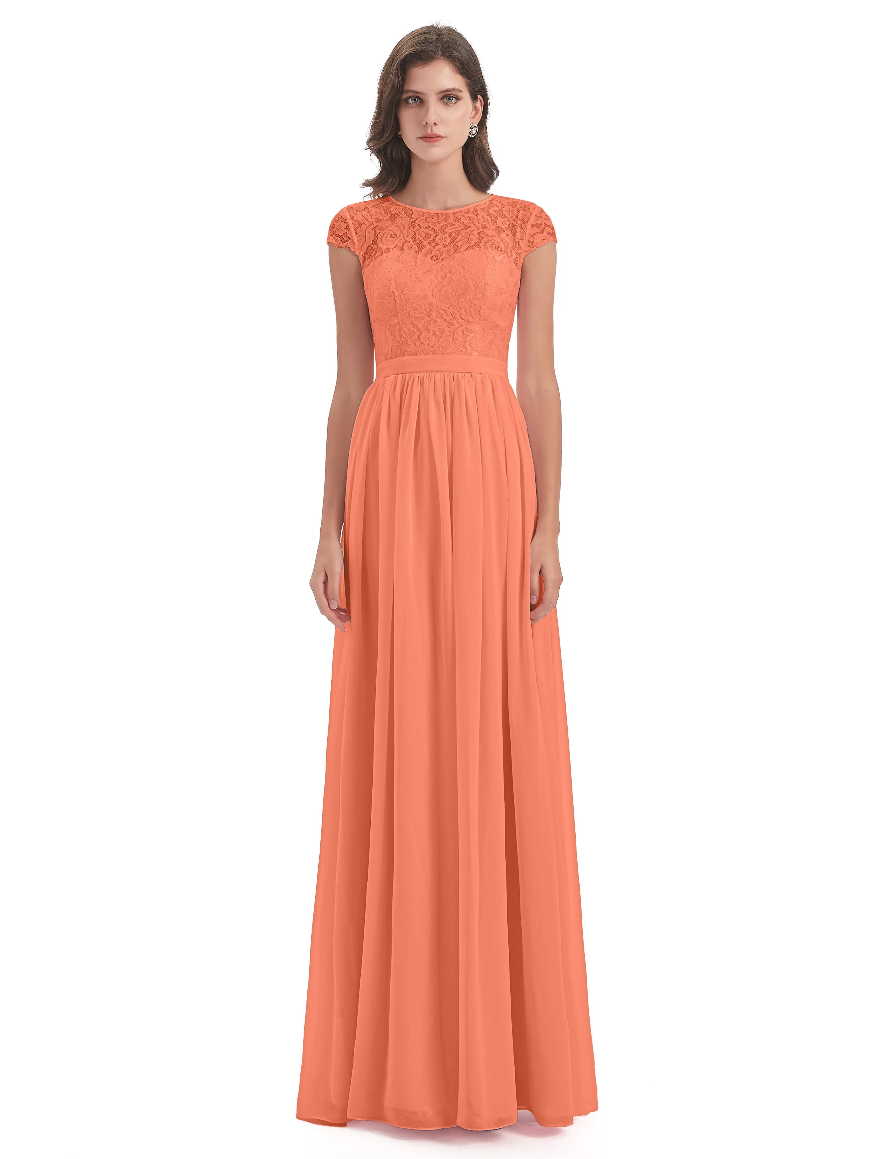 Darcy Modest Cap Sleeves Illusion Long Chiffon Bridesmaid Dresses