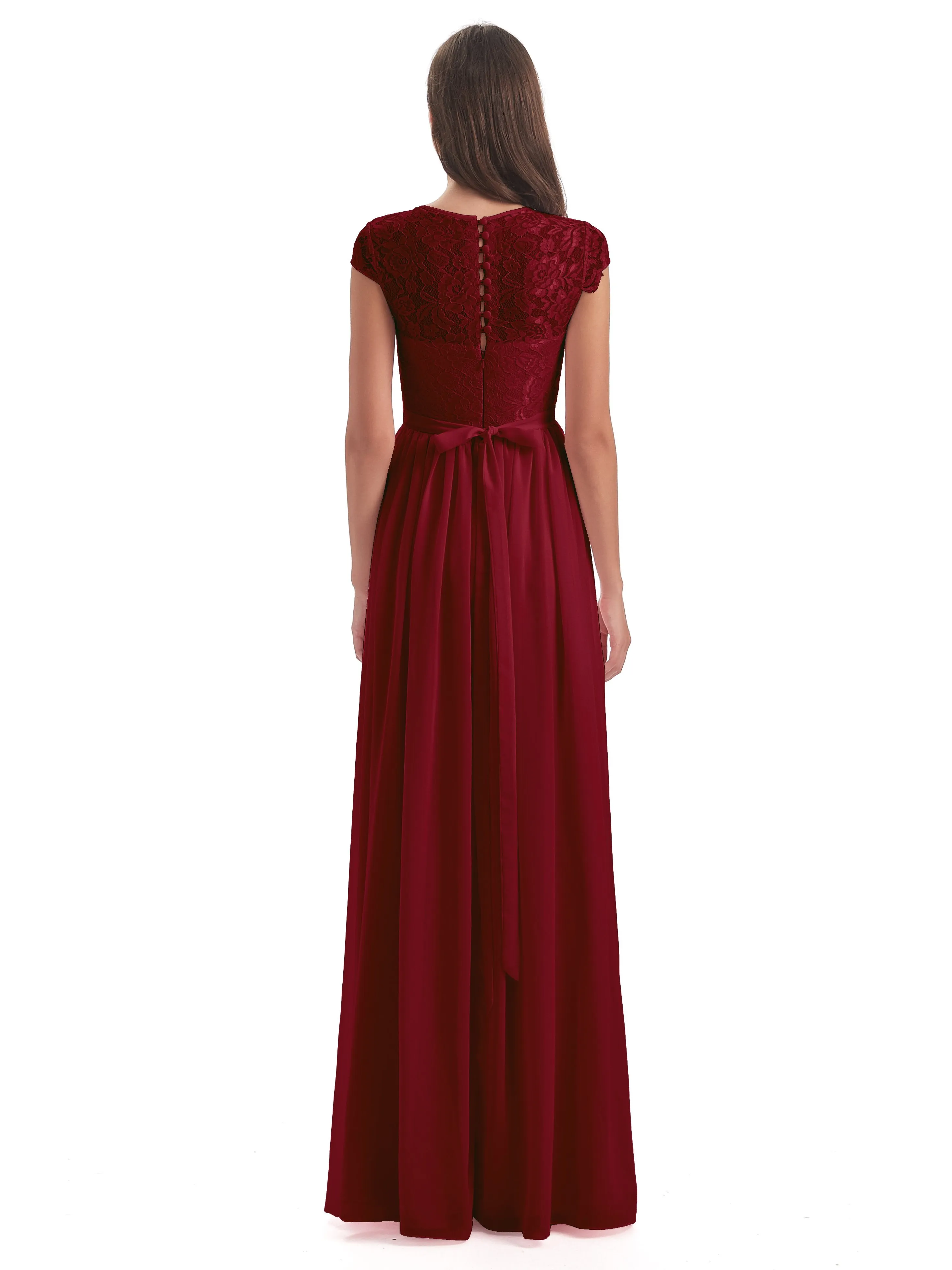 Darcy Modest Cap Sleeves Illusion Long Chiffon Bridesmaid Dresses