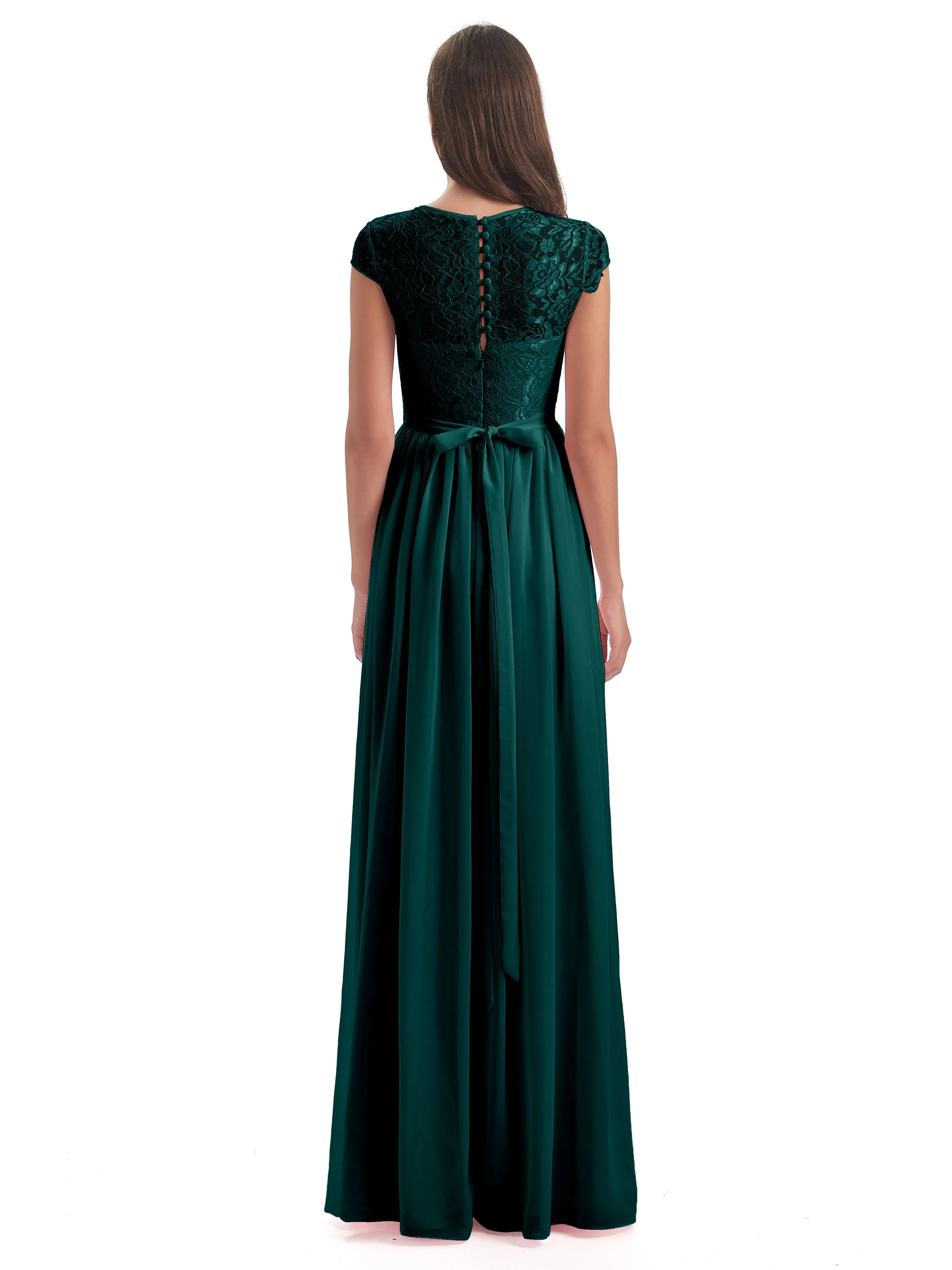 Darcy Modest Cap Sleeves Illusion Long Chiffon Bridesmaid Dresses