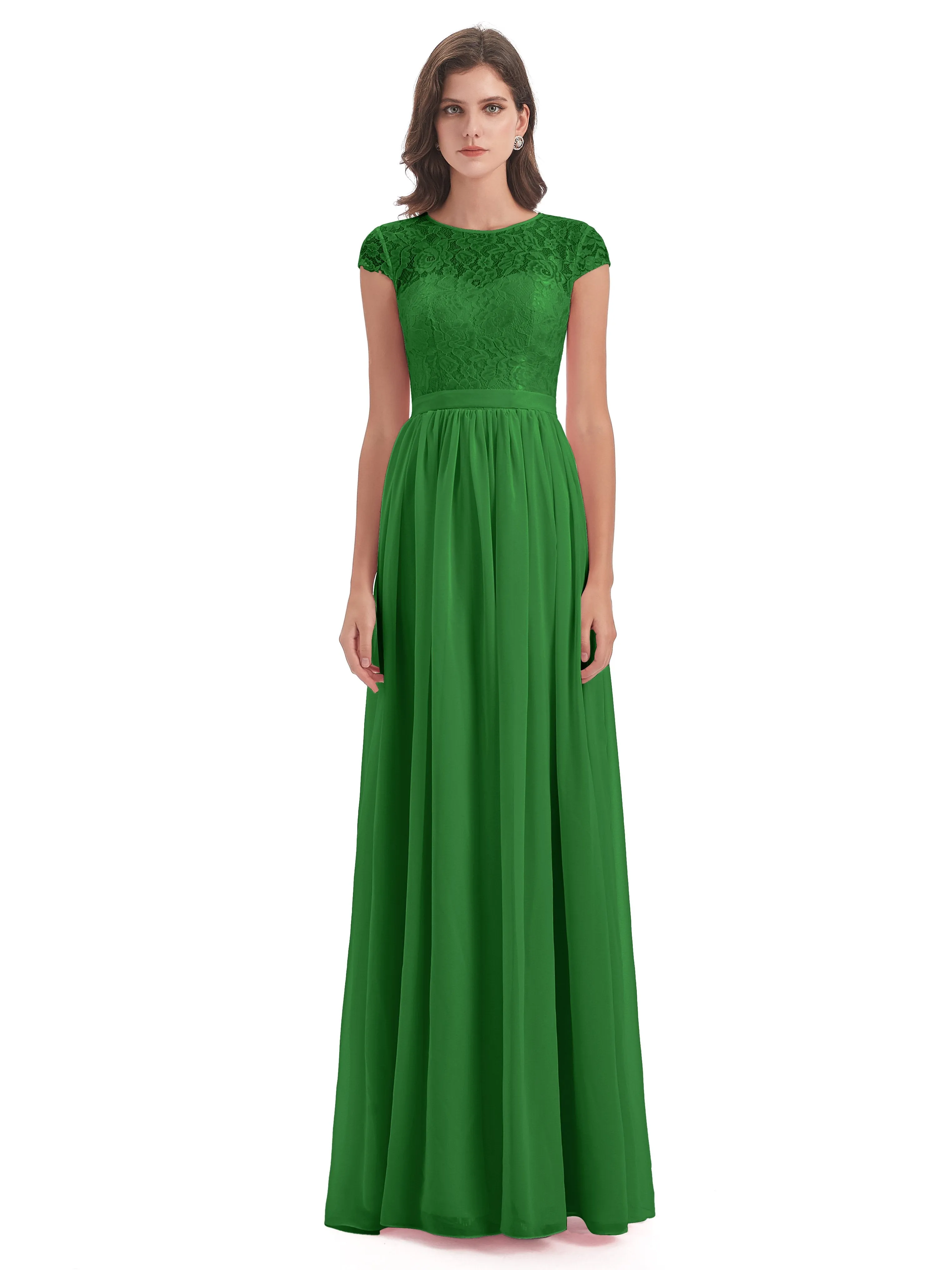 Darcy Modest Cap Sleeves Illusion Long Chiffon Bridesmaid Dresses