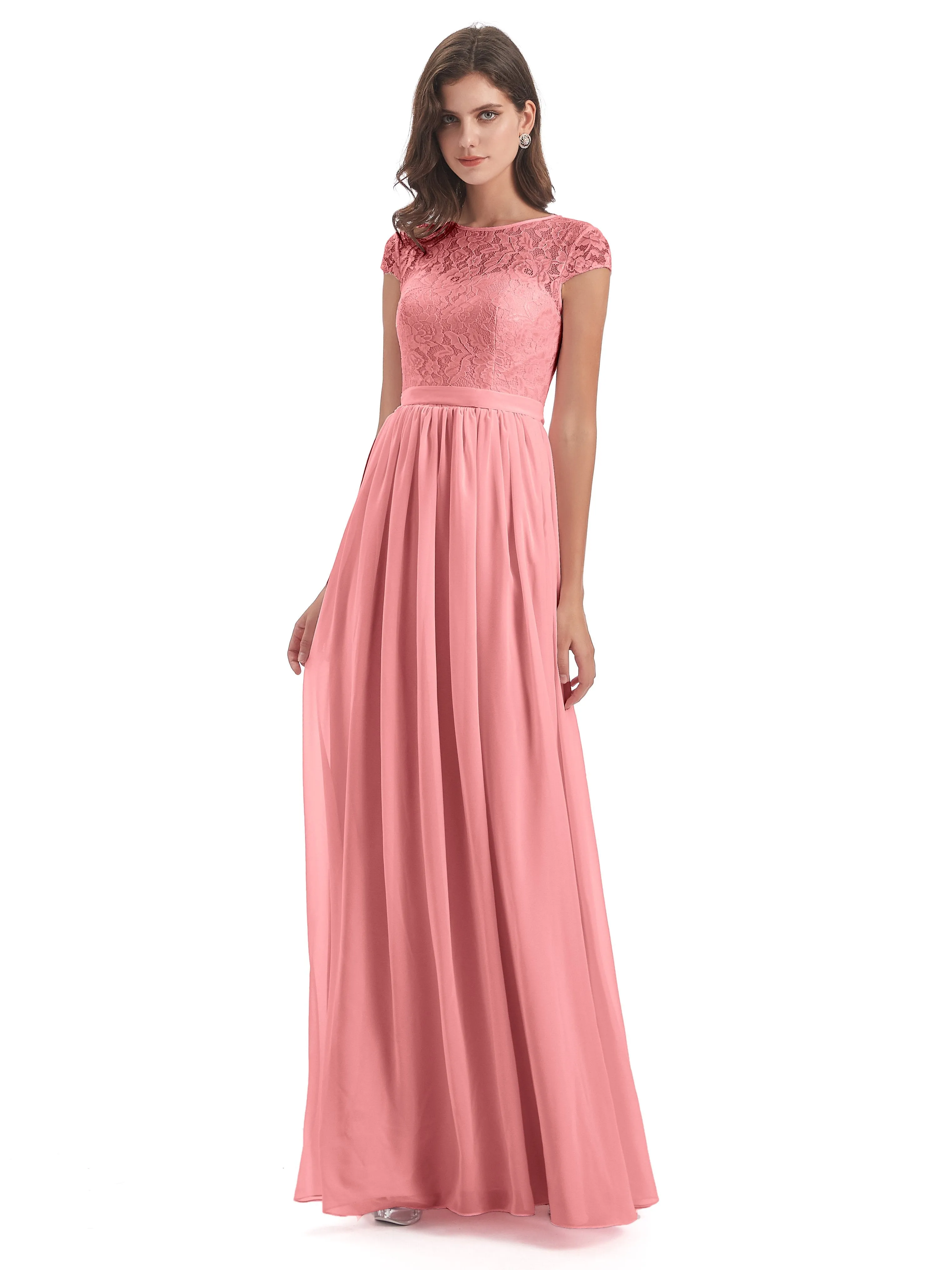 Darcy Modest Cap Sleeves Illusion Long Chiffon Bridesmaid Dresses