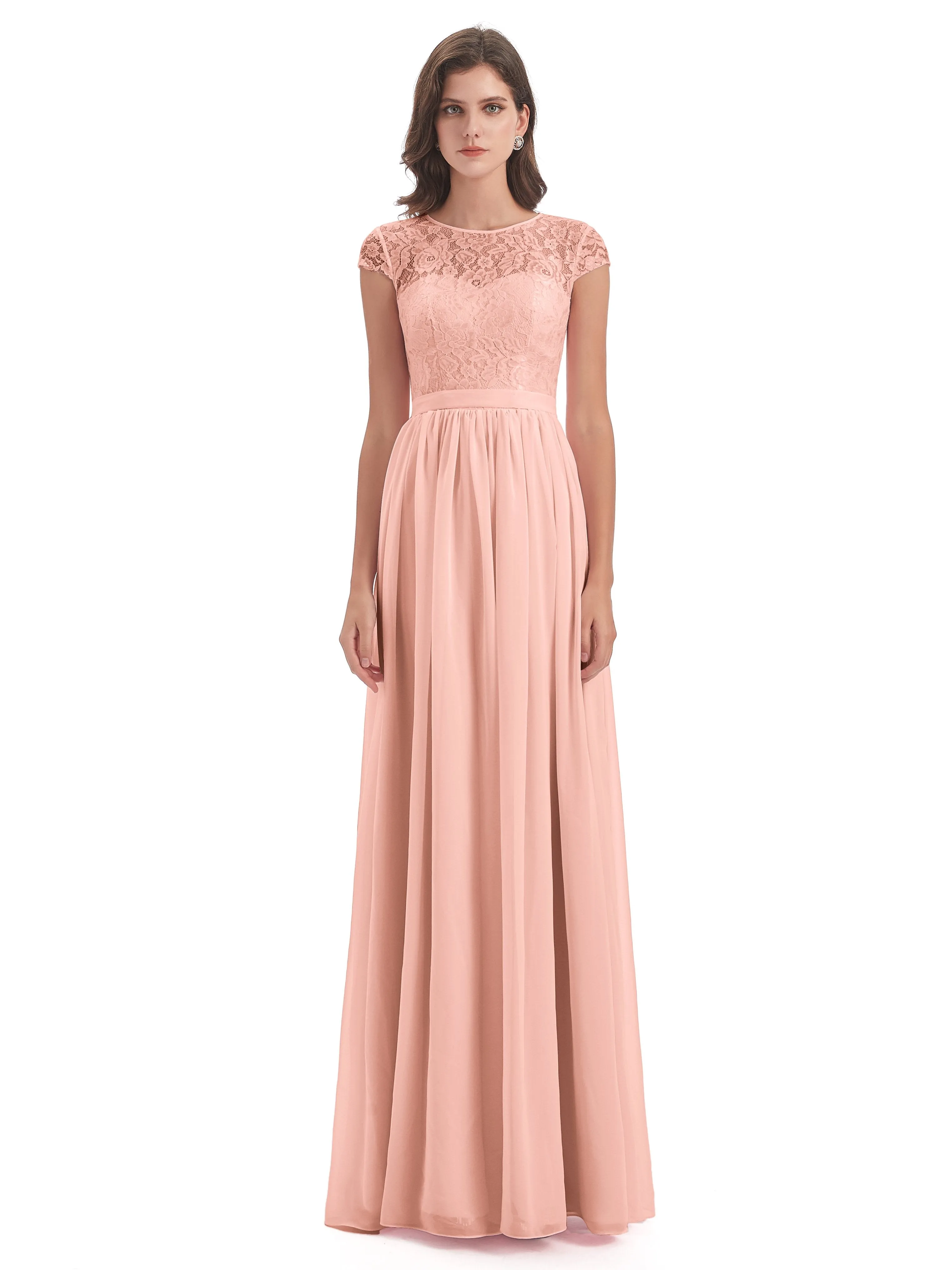 Darcy Modest Cap Sleeves Illusion Long Chiffon Bridesmaid Dresses