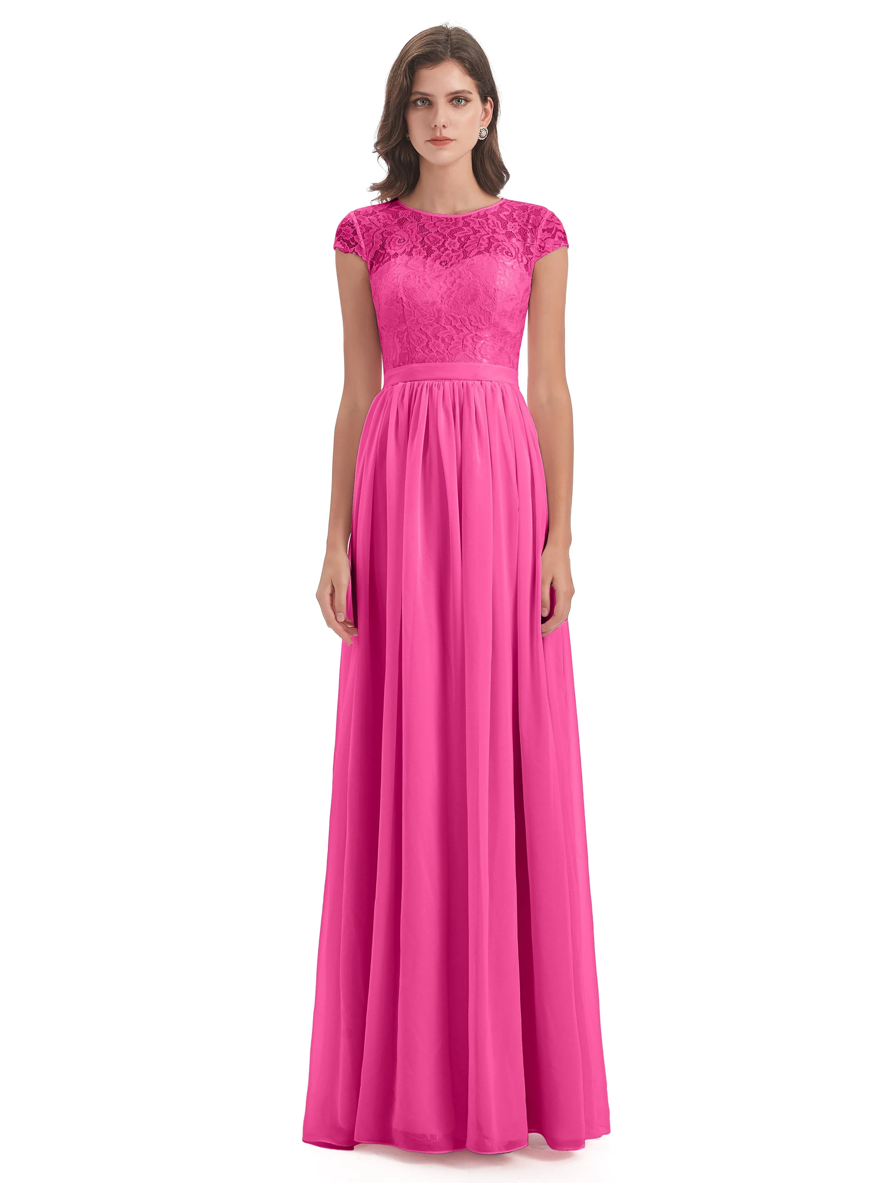 Darcy Modest Cap Sleeves Illusion Long Chiffon Bridesmaid Dresses