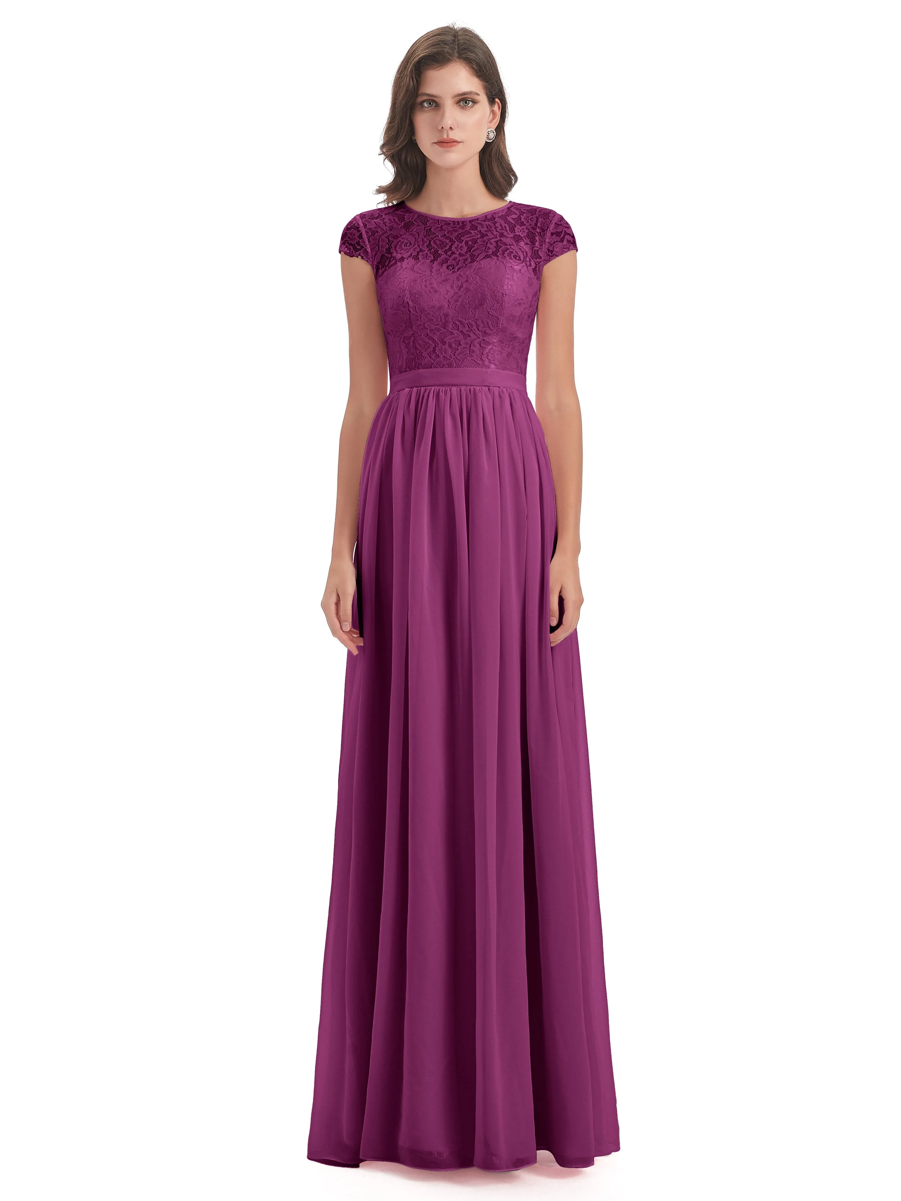 Darcy Modest Cap Sleeves Illusion Long Chiffon Bridesmaid Dresses