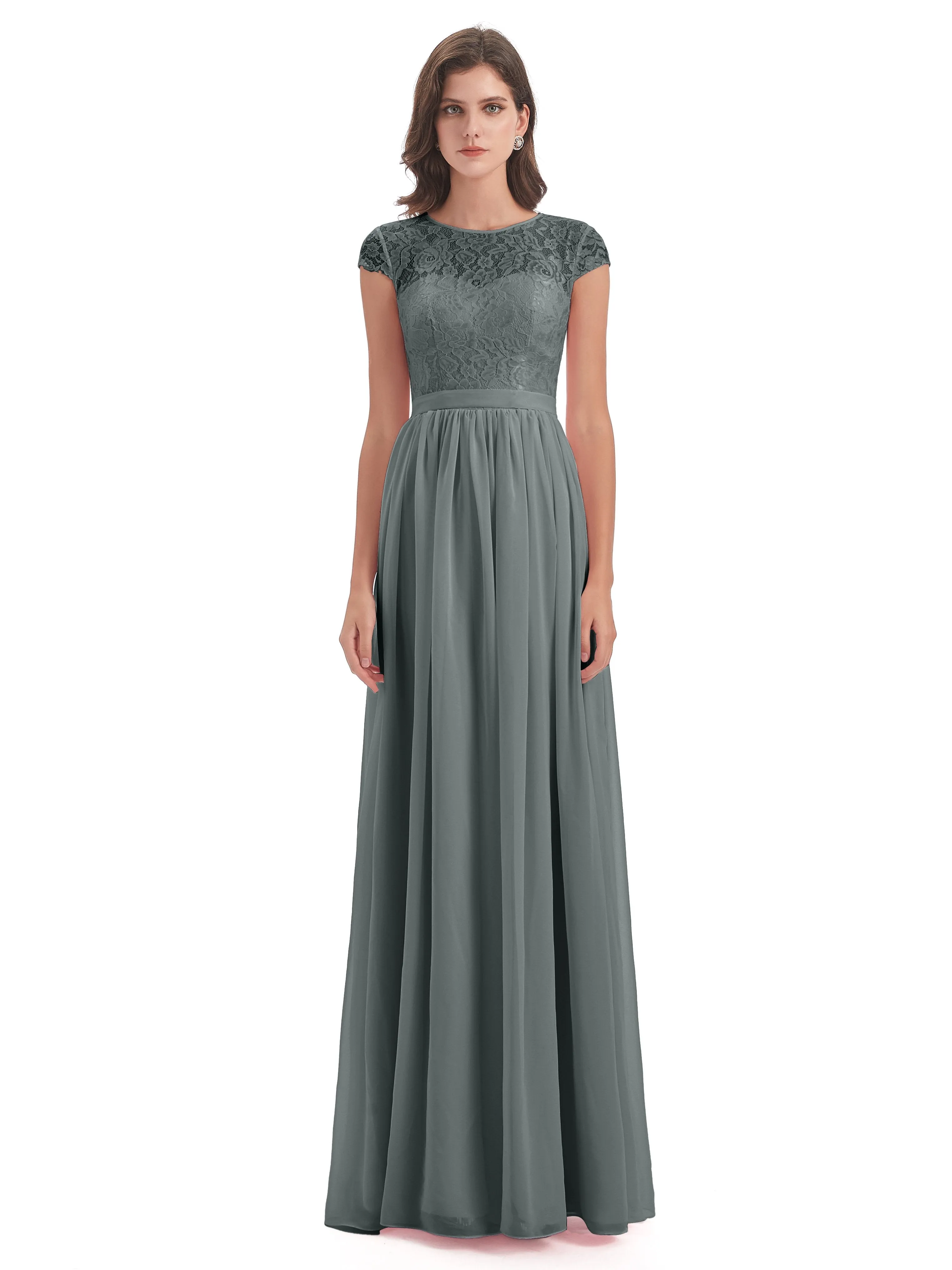 Darcy Modest Cap Sleeves Illusion Long Chiffon Bridesmaid Dresses