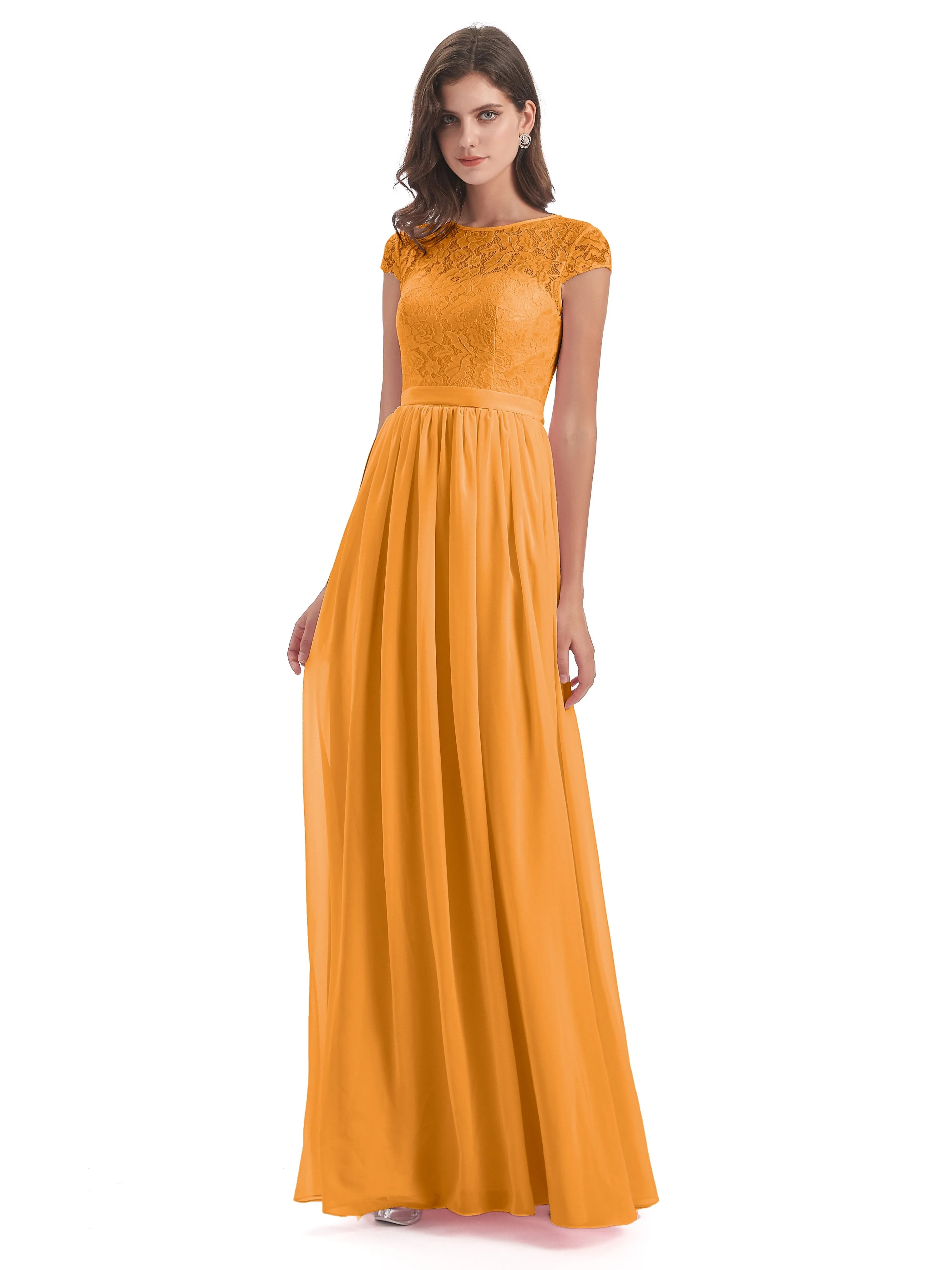 Darcy Modest Cap Sleeves Illusion Long Chiffon Bridesmaid Dresses