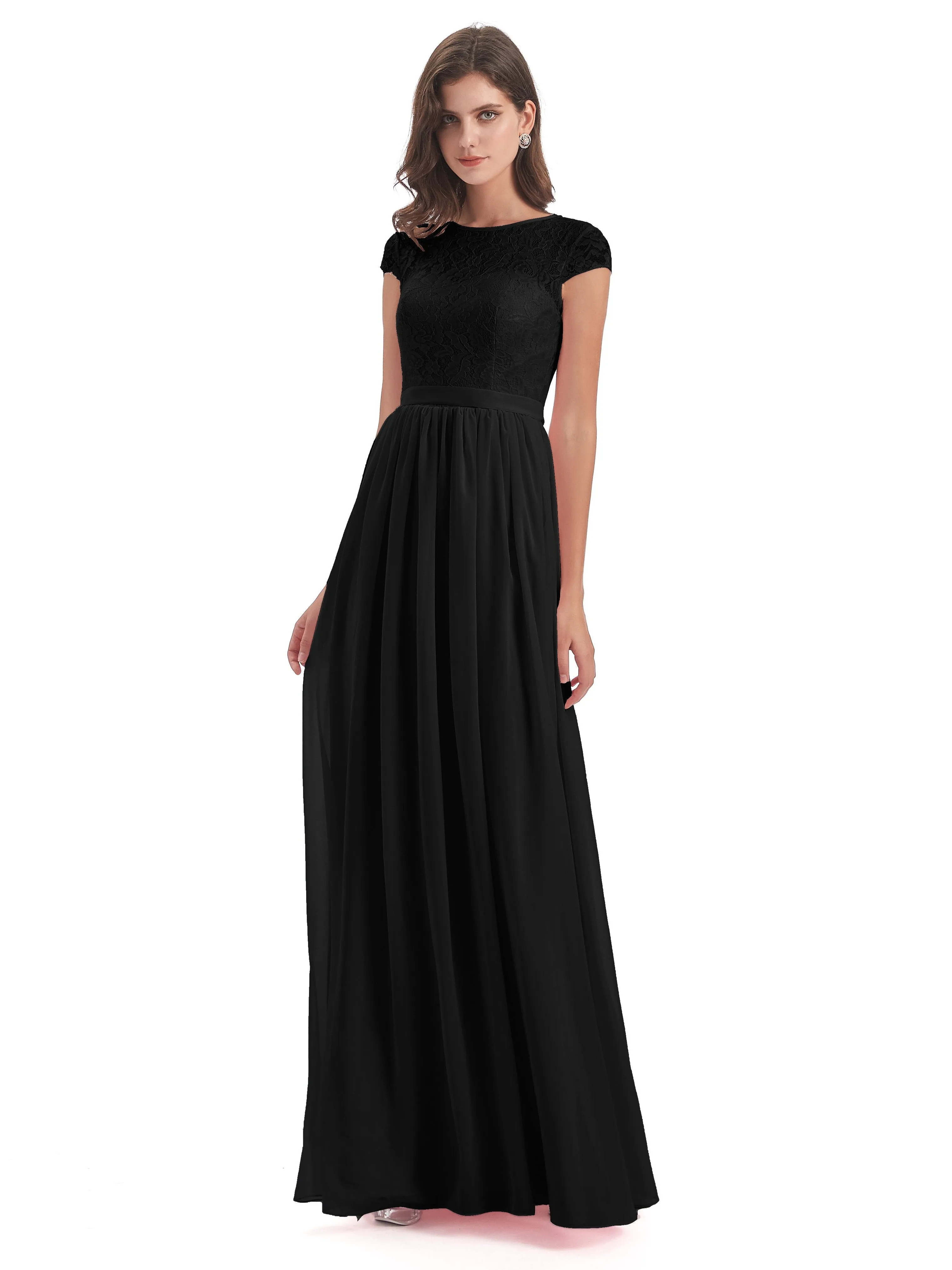 Darcy Modest Cap Sleeves Illusion Long Chiffon Bridesmaid Dresses