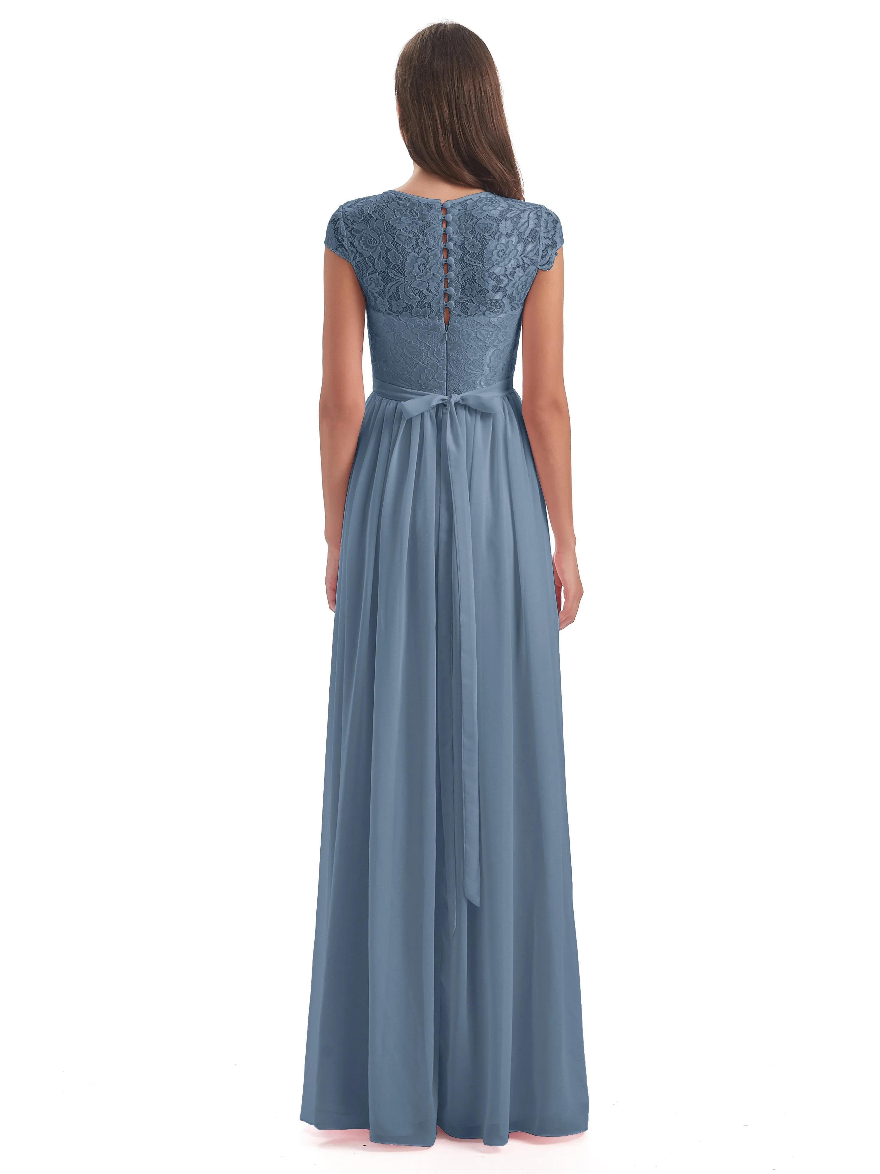 Darcy Modest Cap Sleeves Illusion Long Chiffon Bridesmaid Dresses