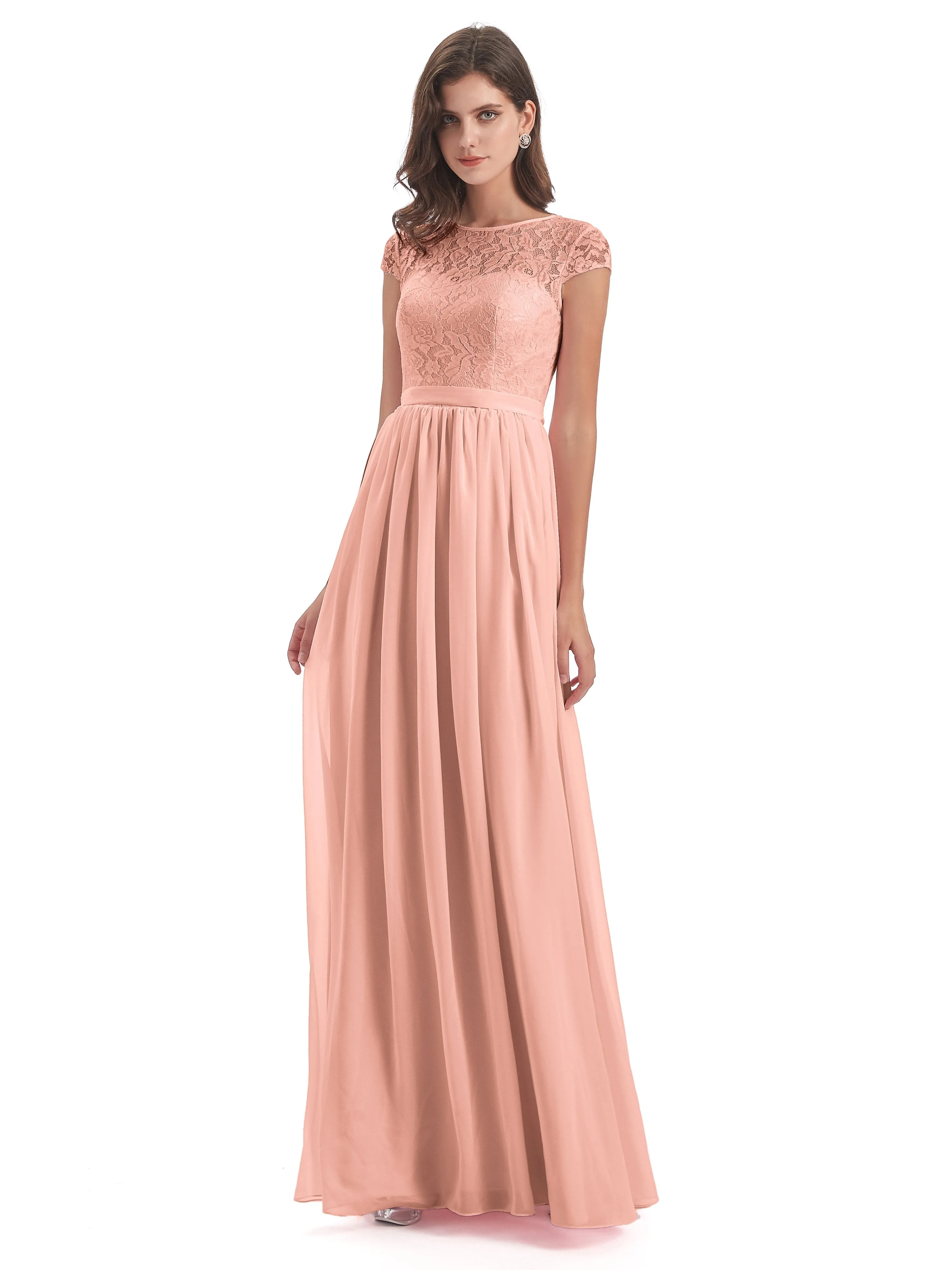 Darcy Modest Cap Sleeves Illusion Long Chiffon Bridesmaid Dresses