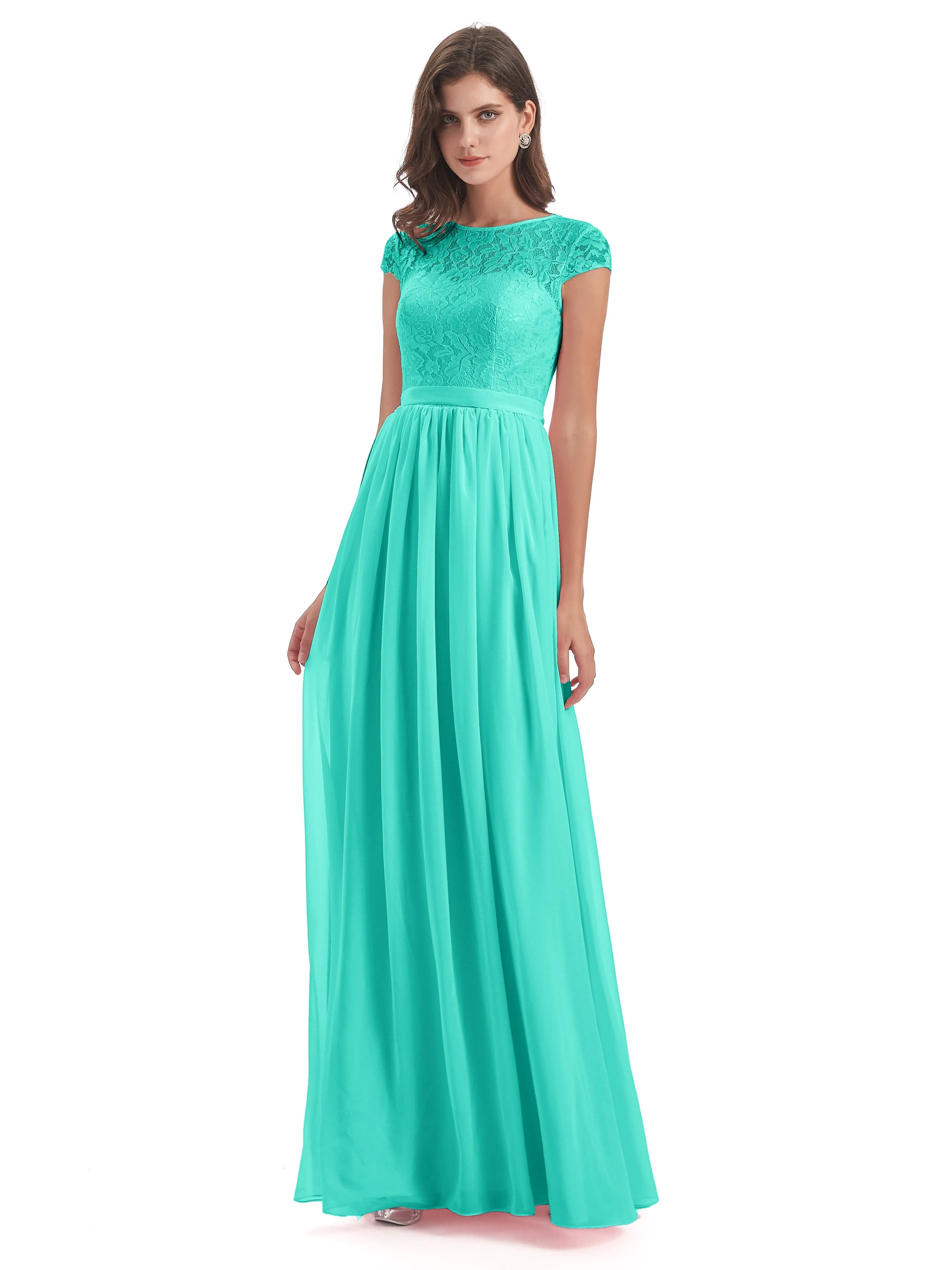 Darcy Modest Cap Sleeves Illusion Long Chiffon Bridesmaid Dresses