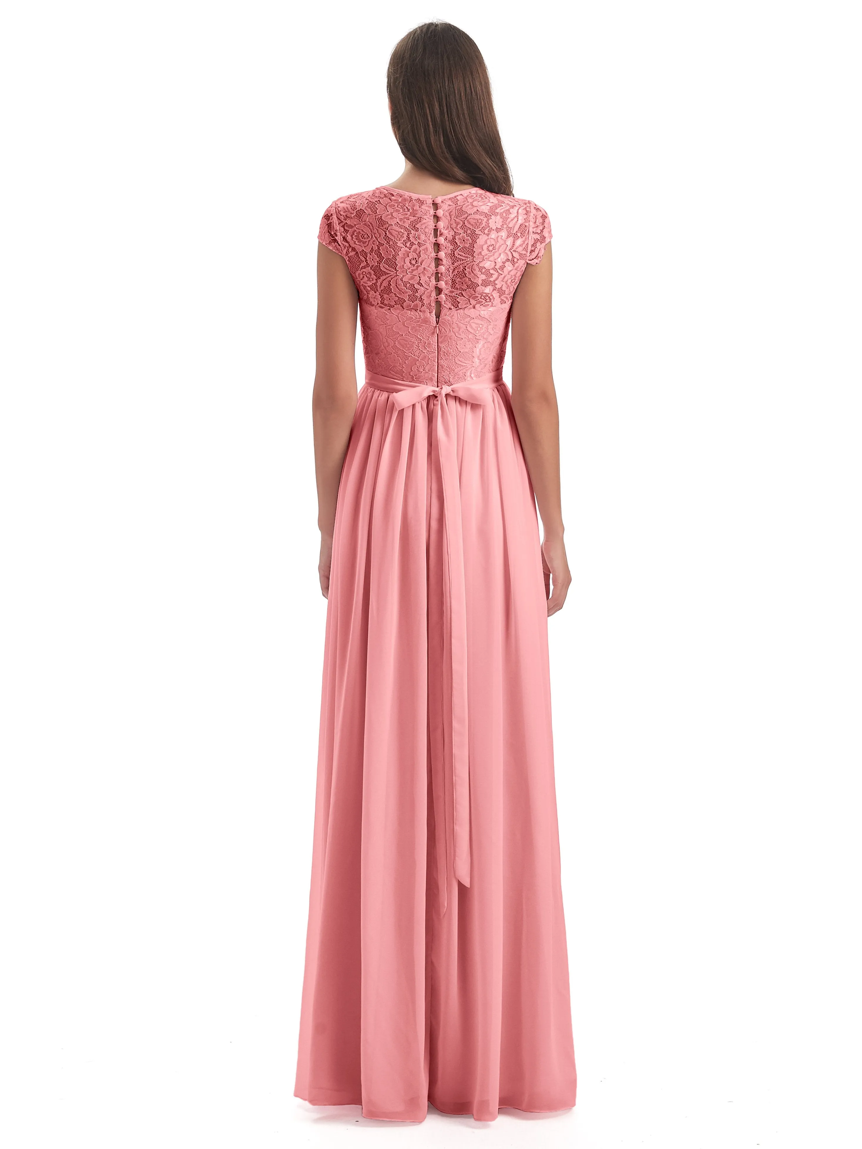 Darcy Modest Cap Sleeves Illusion Long Chiffon Bridesmaid Dresses