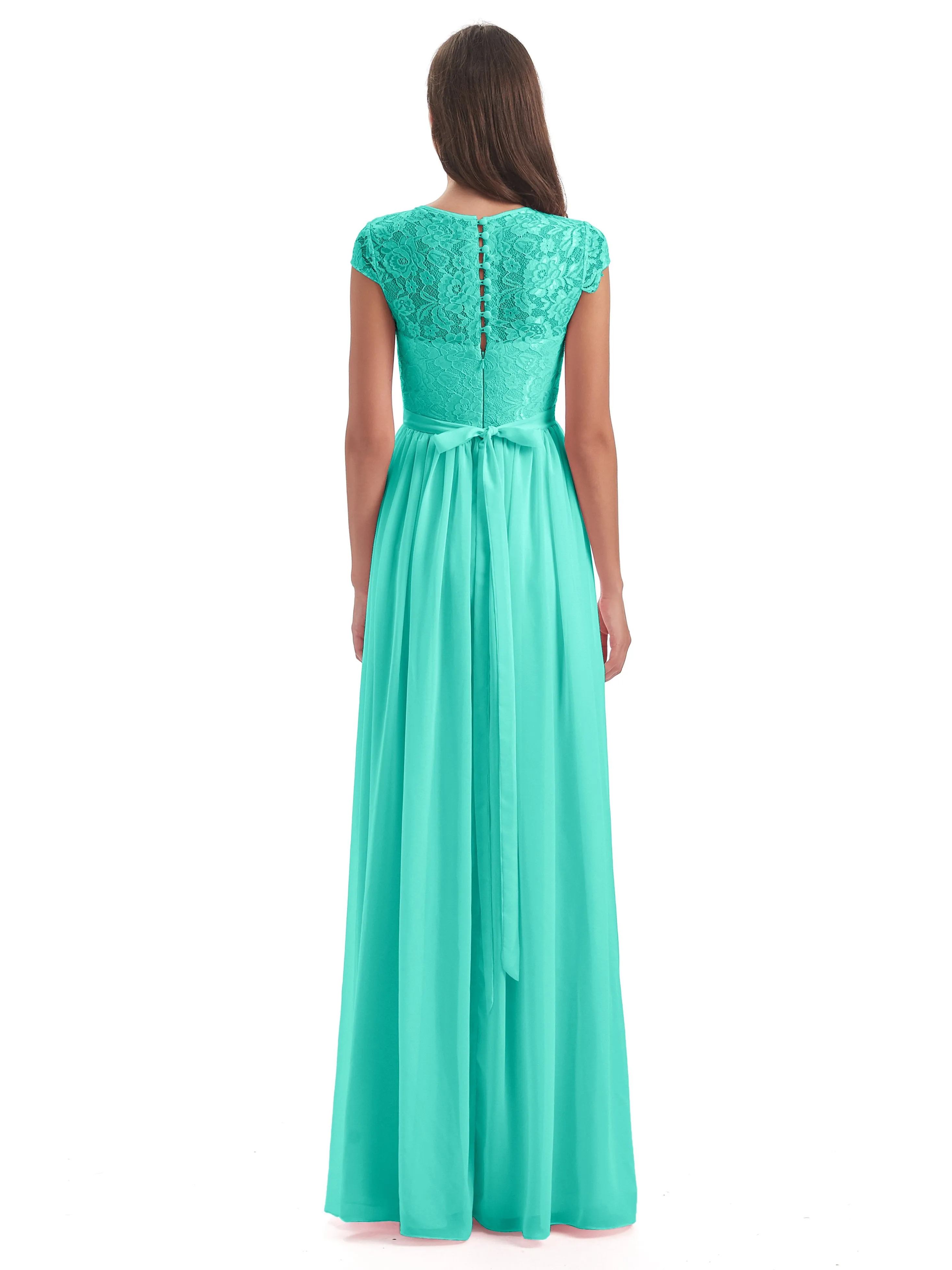 Darcy Modest Cap Sleeves Illusion Long Chiffon Bridesmaid Dresses