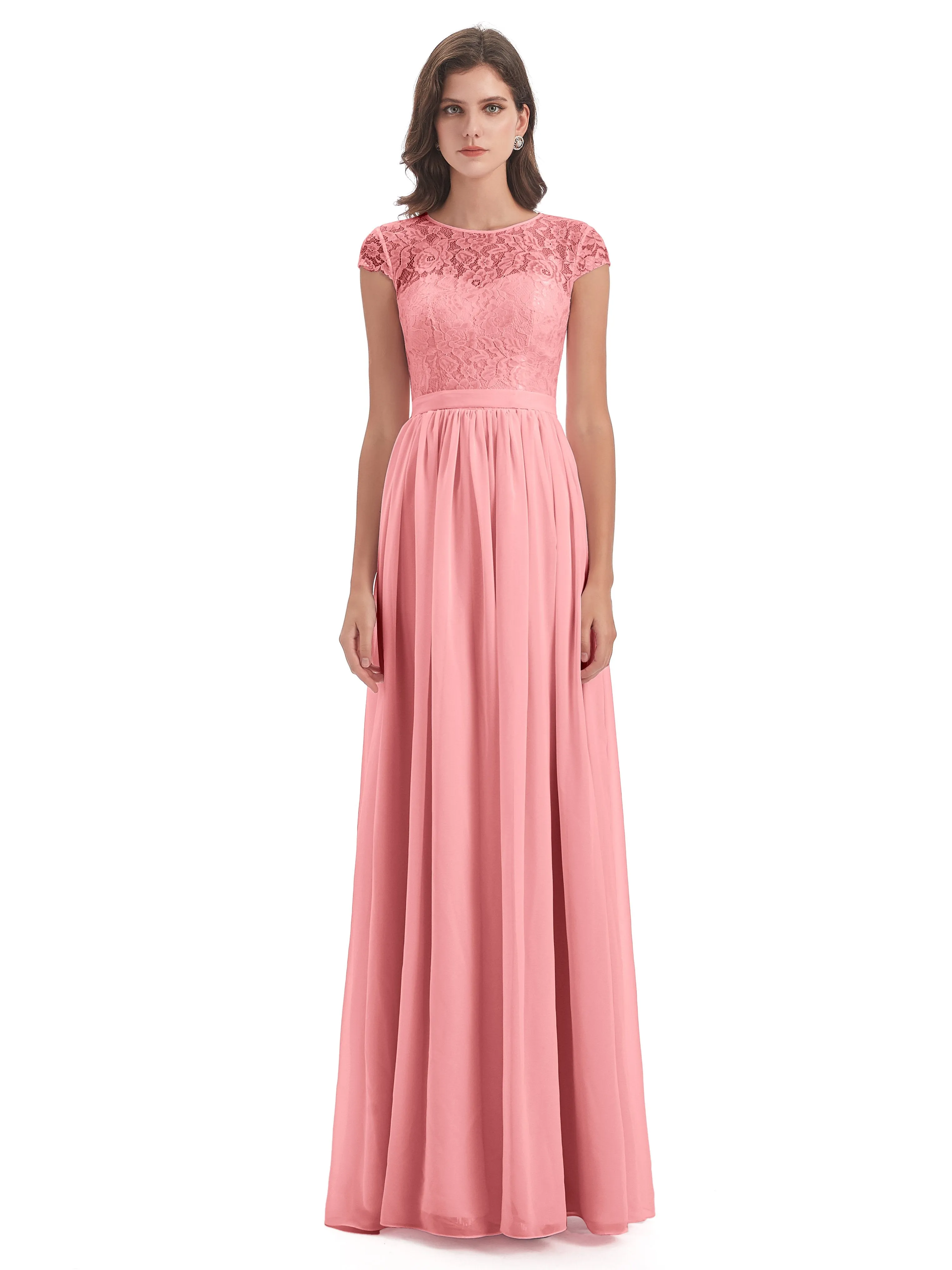 Darcy Modest Cap Sleeves Illusion Long Chiffon Bridesmaid Dresses