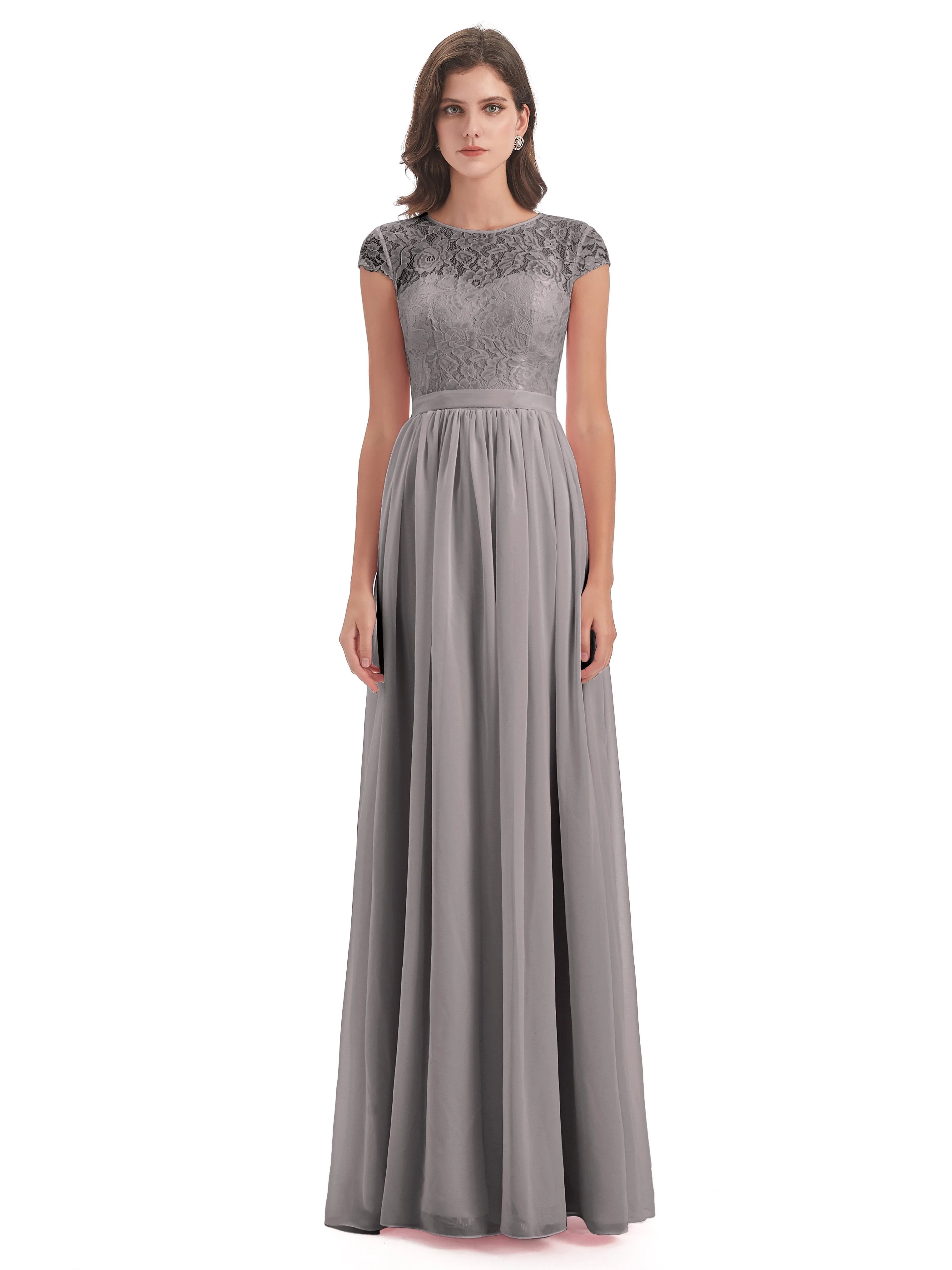 Darcy Modest Cap Sleeves Illusion Long Chiffon Bridesmaid Dresses