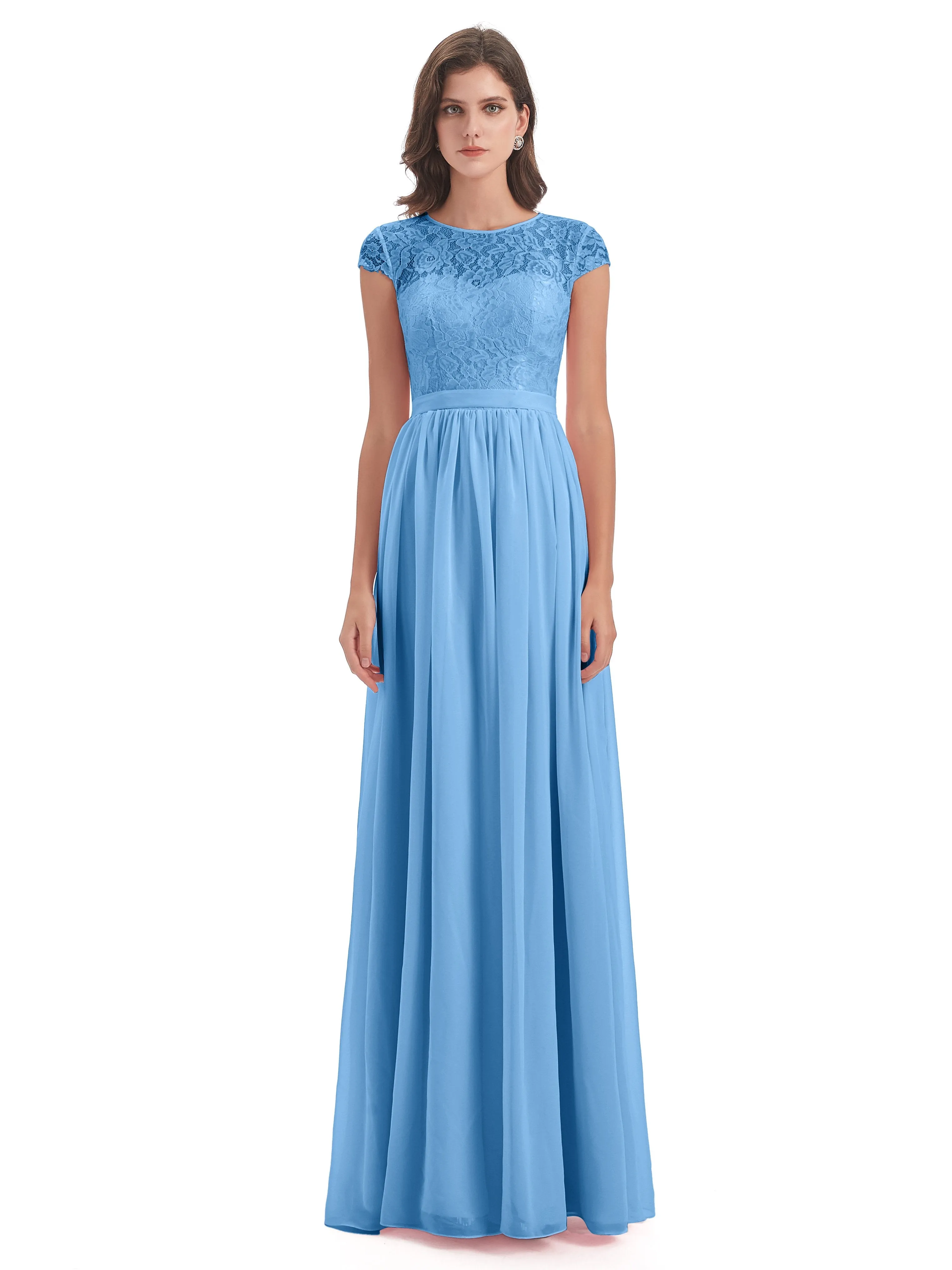 Darcy Modest Cap Sleeves Illusion Long Chiffon Bridesmaid Dresses