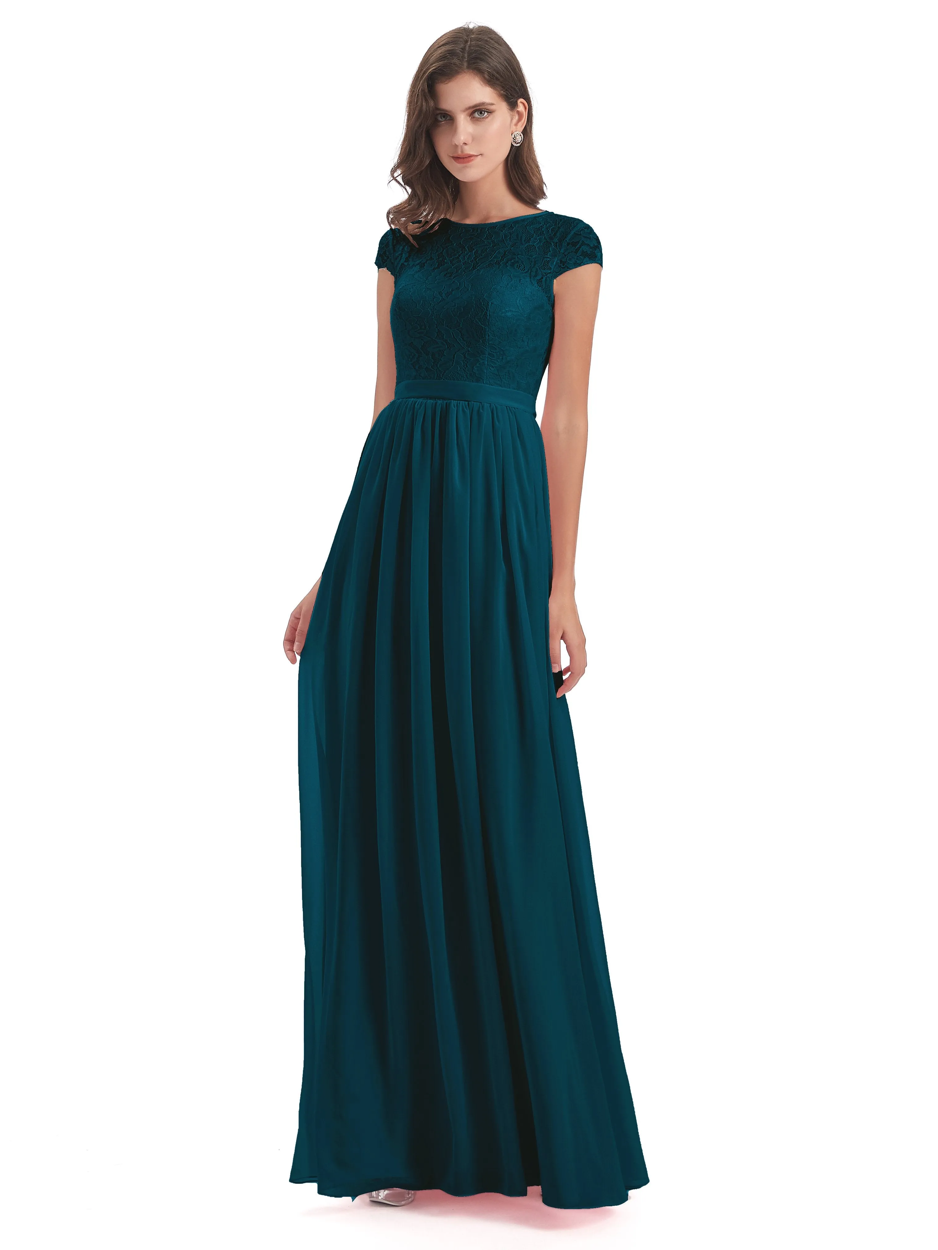 Darcy Modest Cap Sleeves Illusion Long Chiffon Bridesmaid Dresses