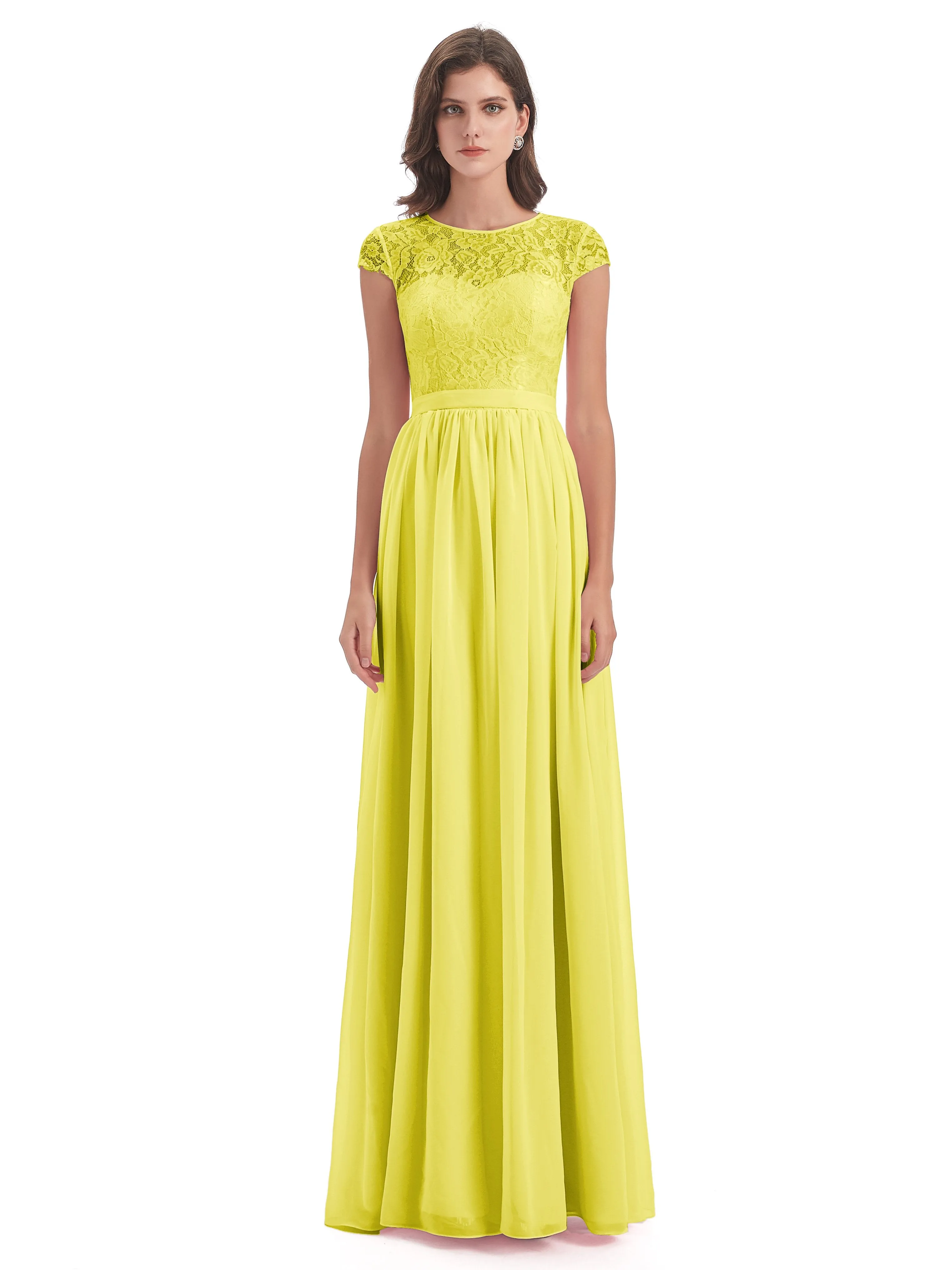 Darcy Modest Cap Sleeves Illusion Long Chiffon Bridesmaid Dresses