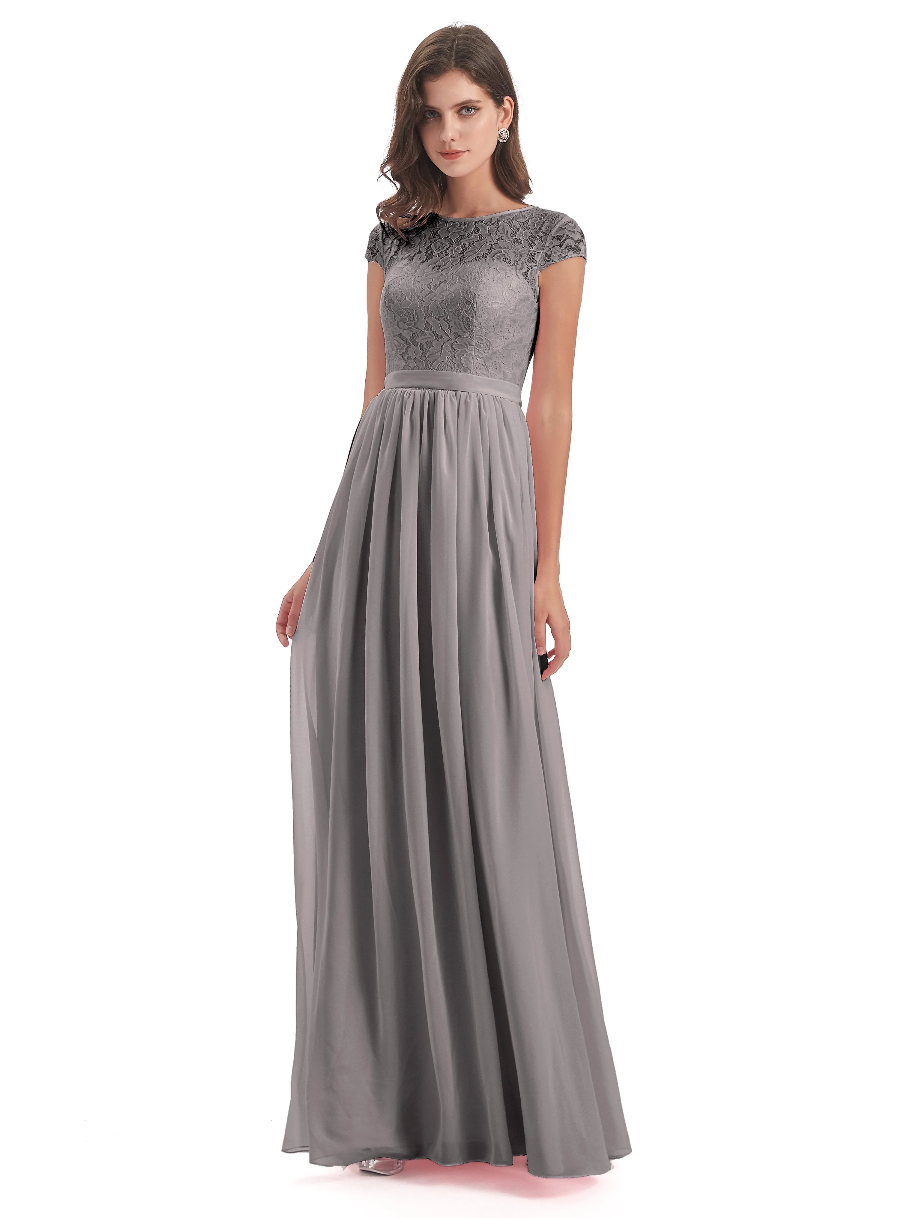 Darcy Modest Cap Sleeves Illusion Long Chiffon Bridesmaid Dresses