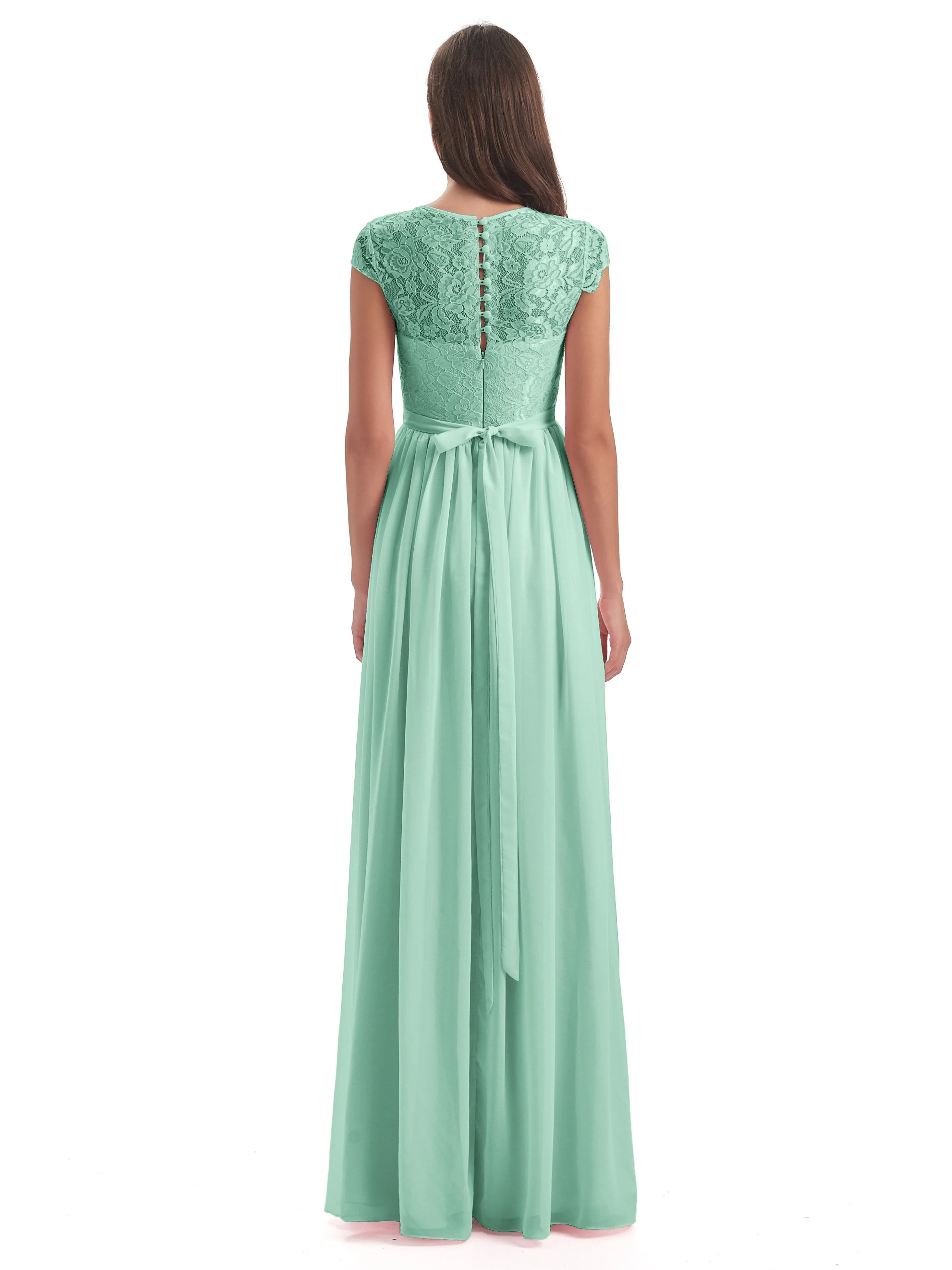 Darcy Modest Cap Sleeves Illusion Long Chiffon Bridesmaid Dresses