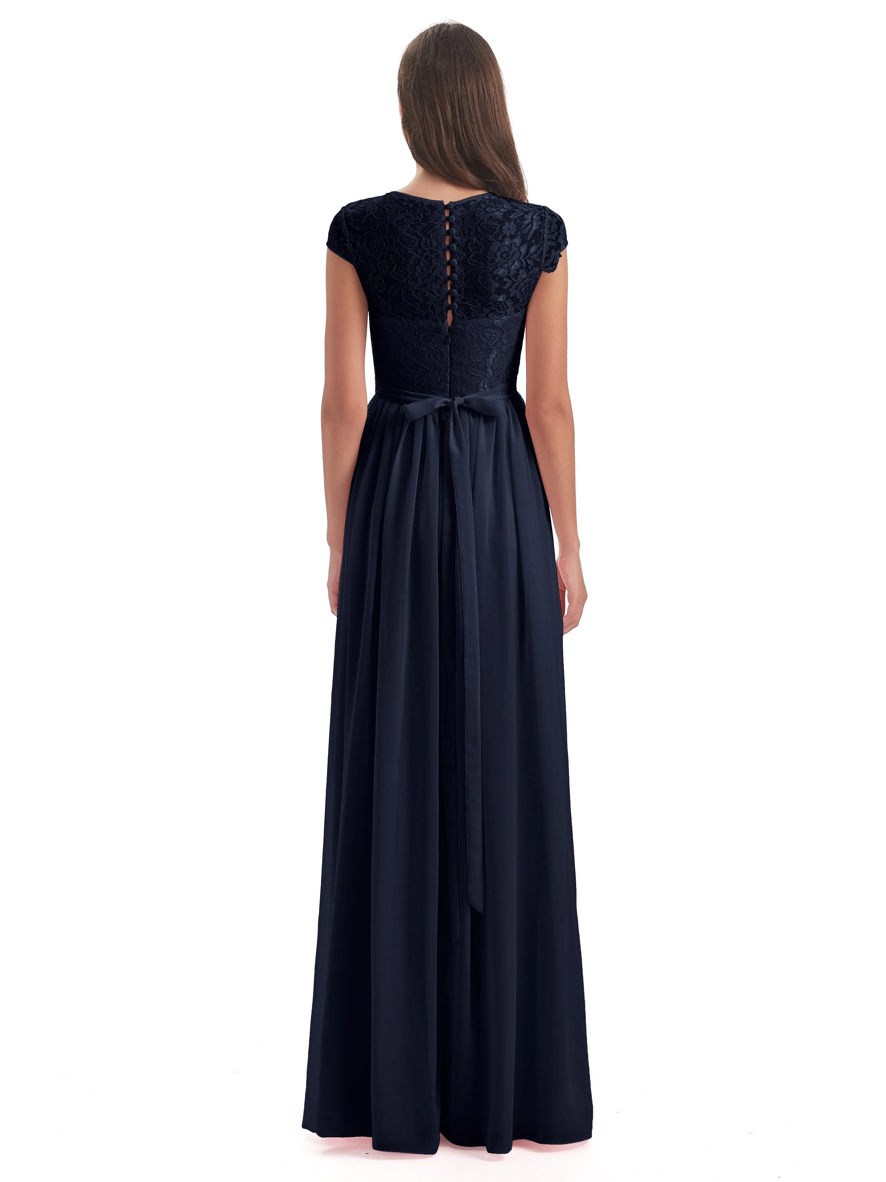 Darcy Modest Cap Sleeves Illusion Long Chiffon Bridesmaid Dresses