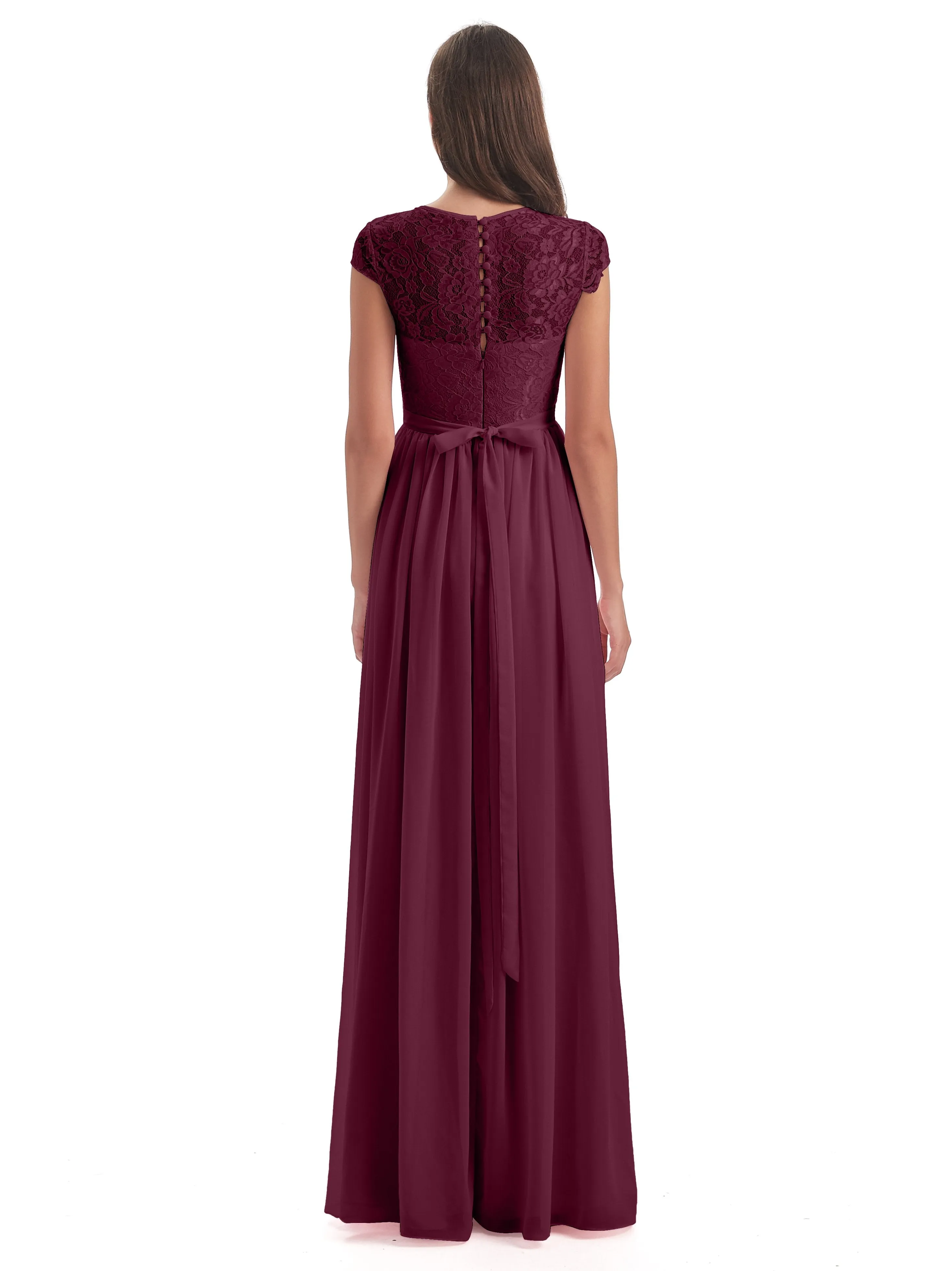 Darcy Modest Cap Sleeves Illusion Long Chiffon Bridesmaid Dresses