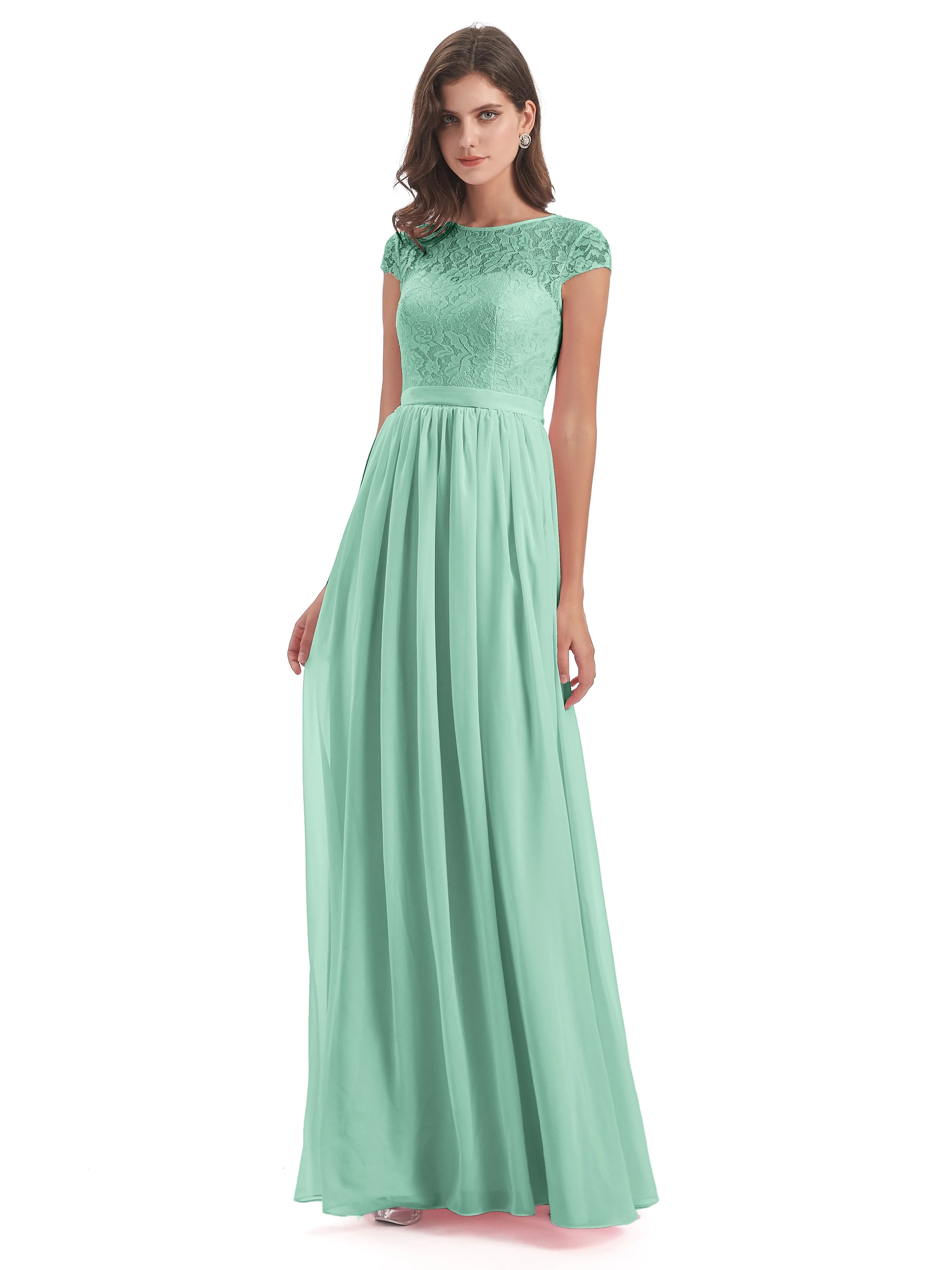 Darcy Modest Cap Sleeves Illusion Long Chiffon Bridesmaid Dresses