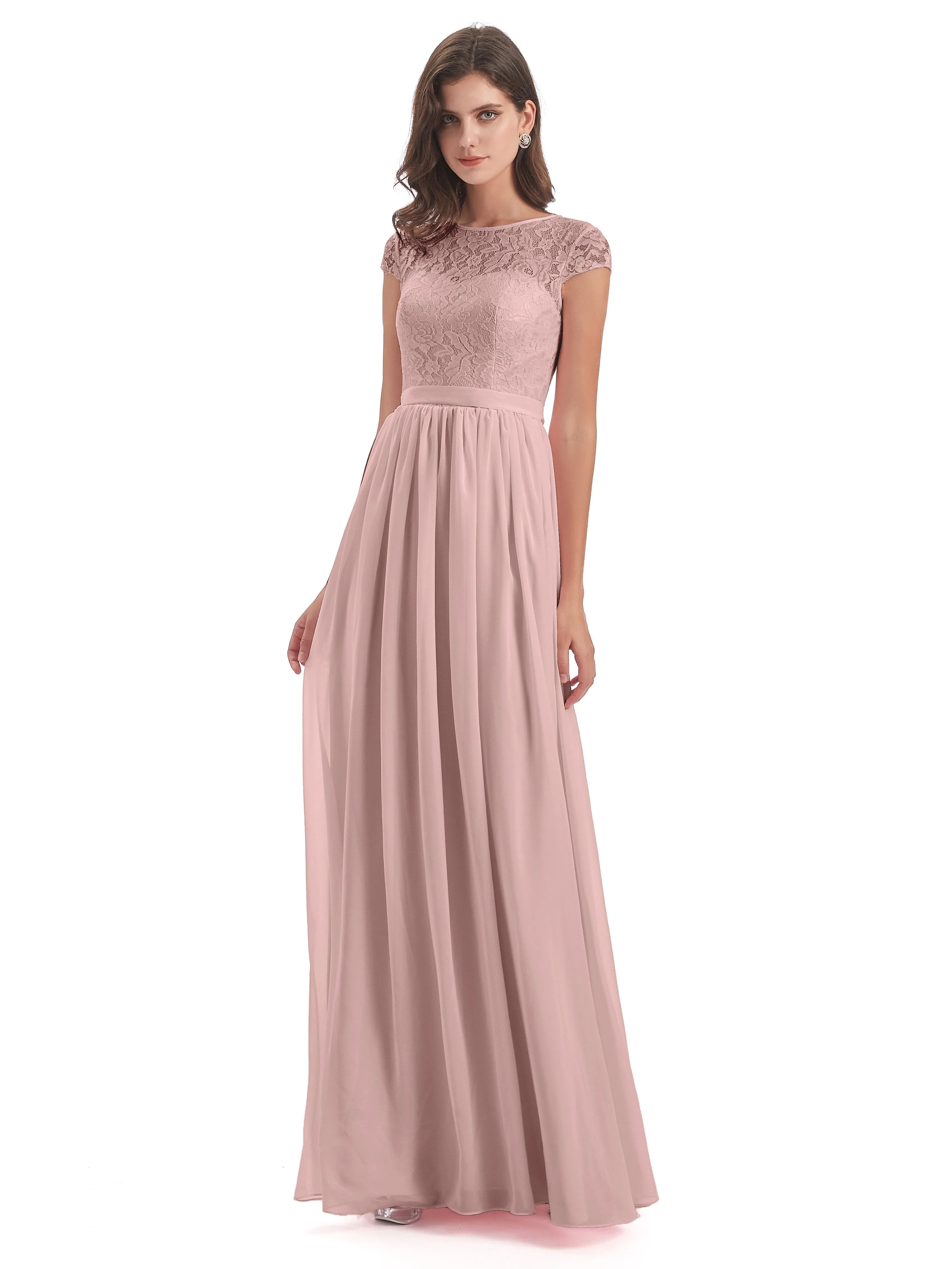 Darcy Modest Cap Sleeves Illusion Long Chiffon Bridesmaid Dresses