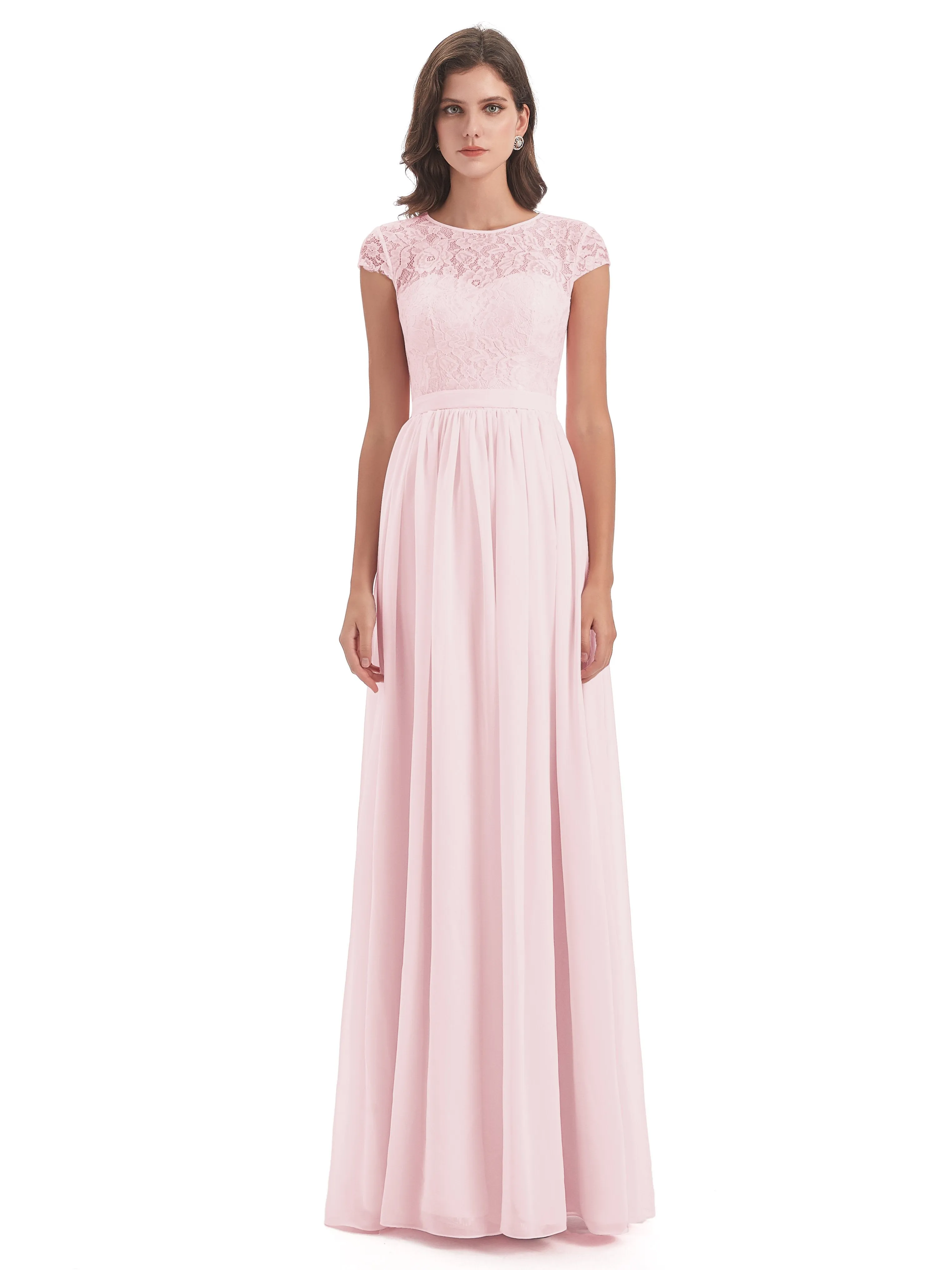 Darcy Modest Cap Sleeves Illusion Long Chiffon Bridesmaid Dresses