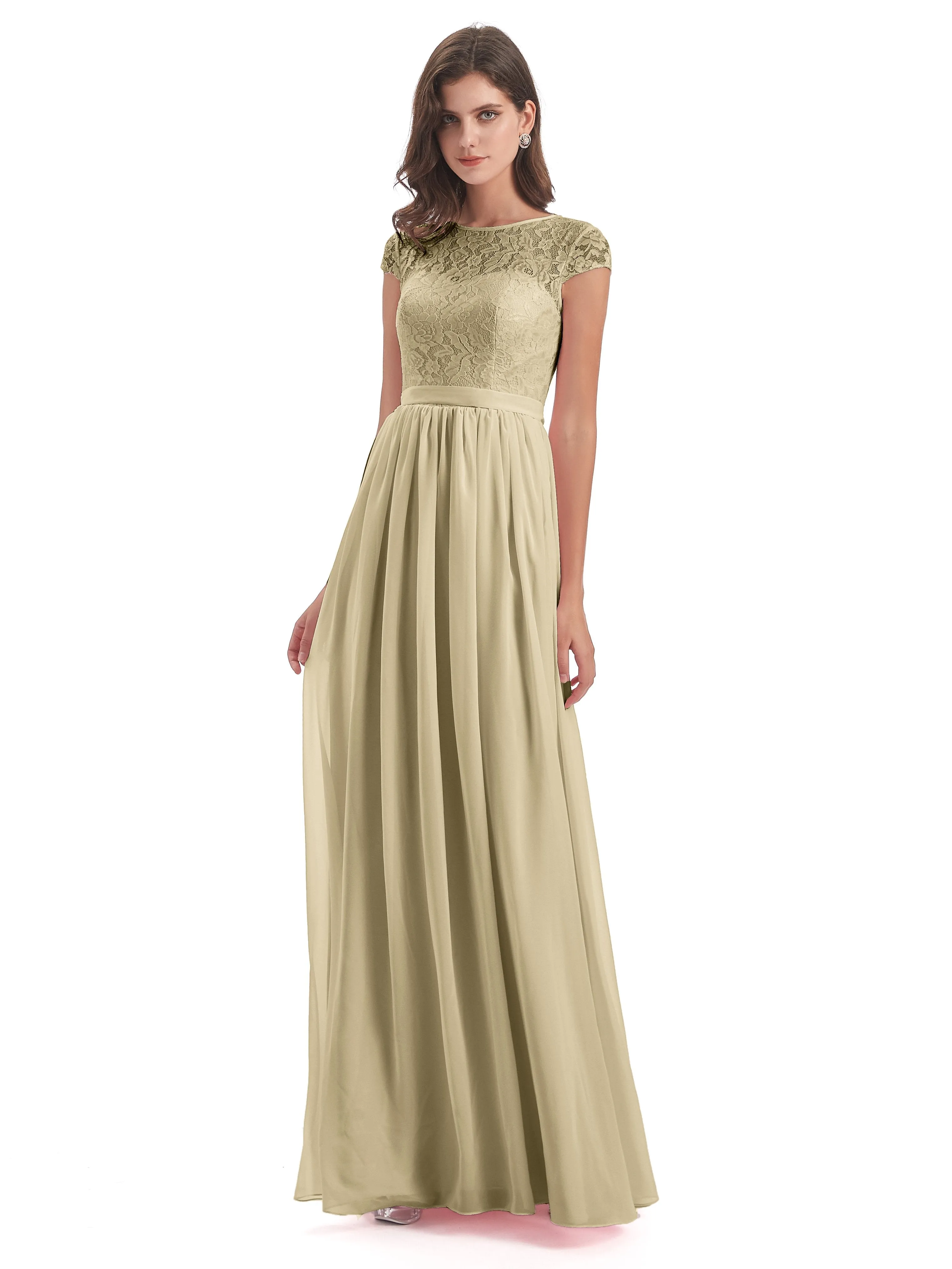 Darcy Modest Cap Sleeves Illusion Long Chiffon Bridesmaid Dresses