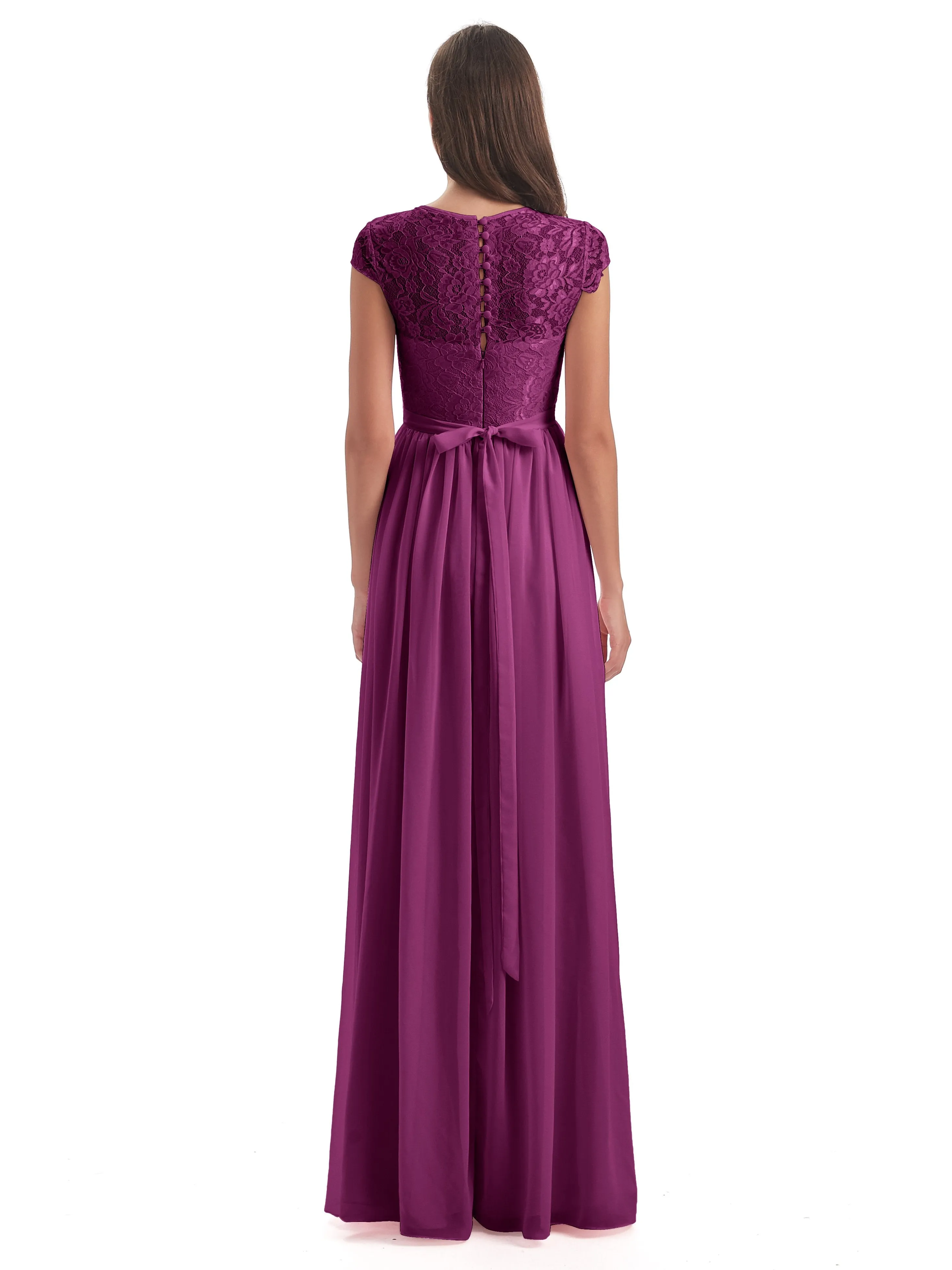 Darcy Modest Cap Sleeves Illusion Long Chiffon Bridesmaid Dresses