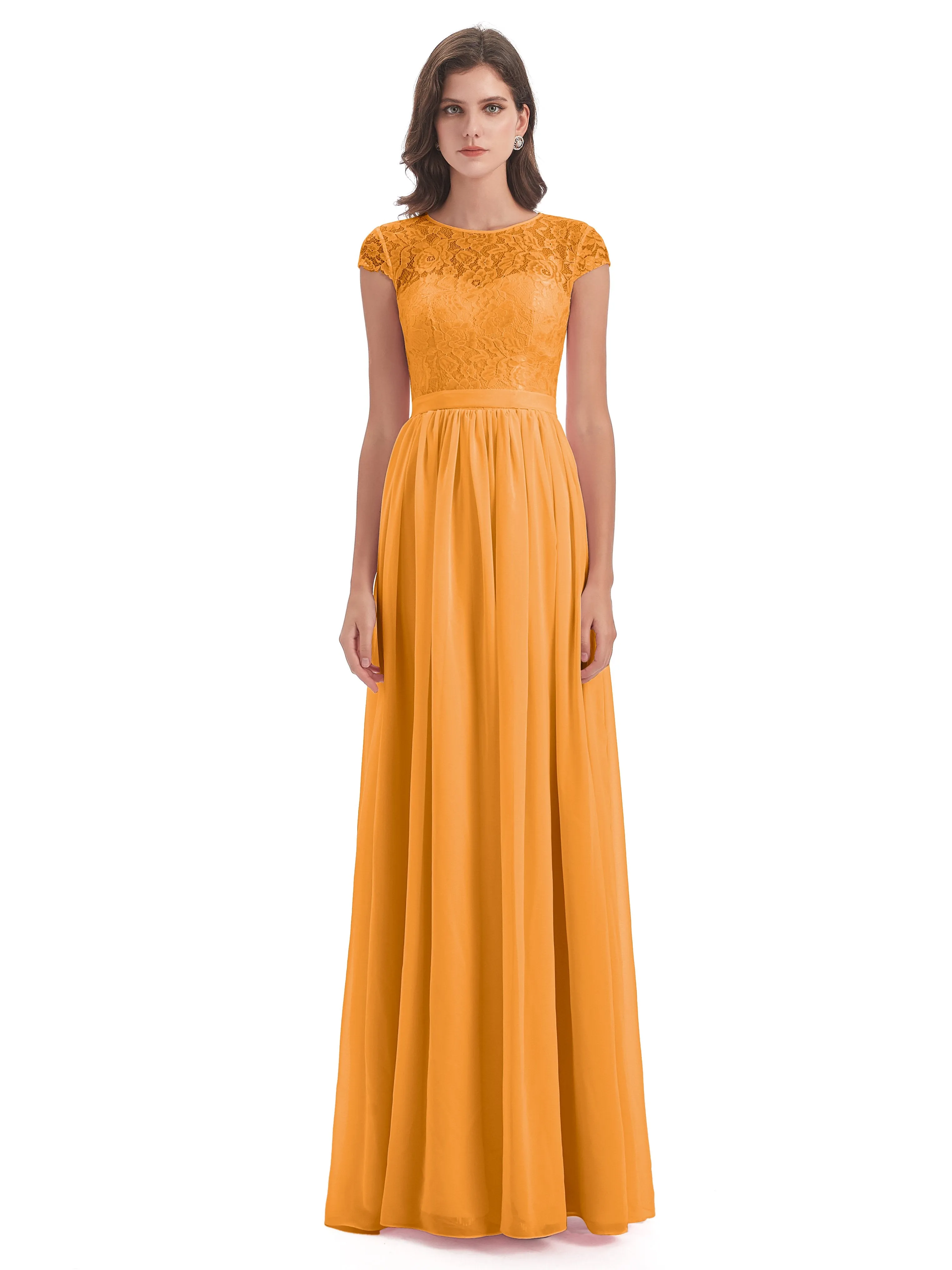 Darcy Modest Cap Sleeves Illusion Long Chiffon Bridesmaid Dresses