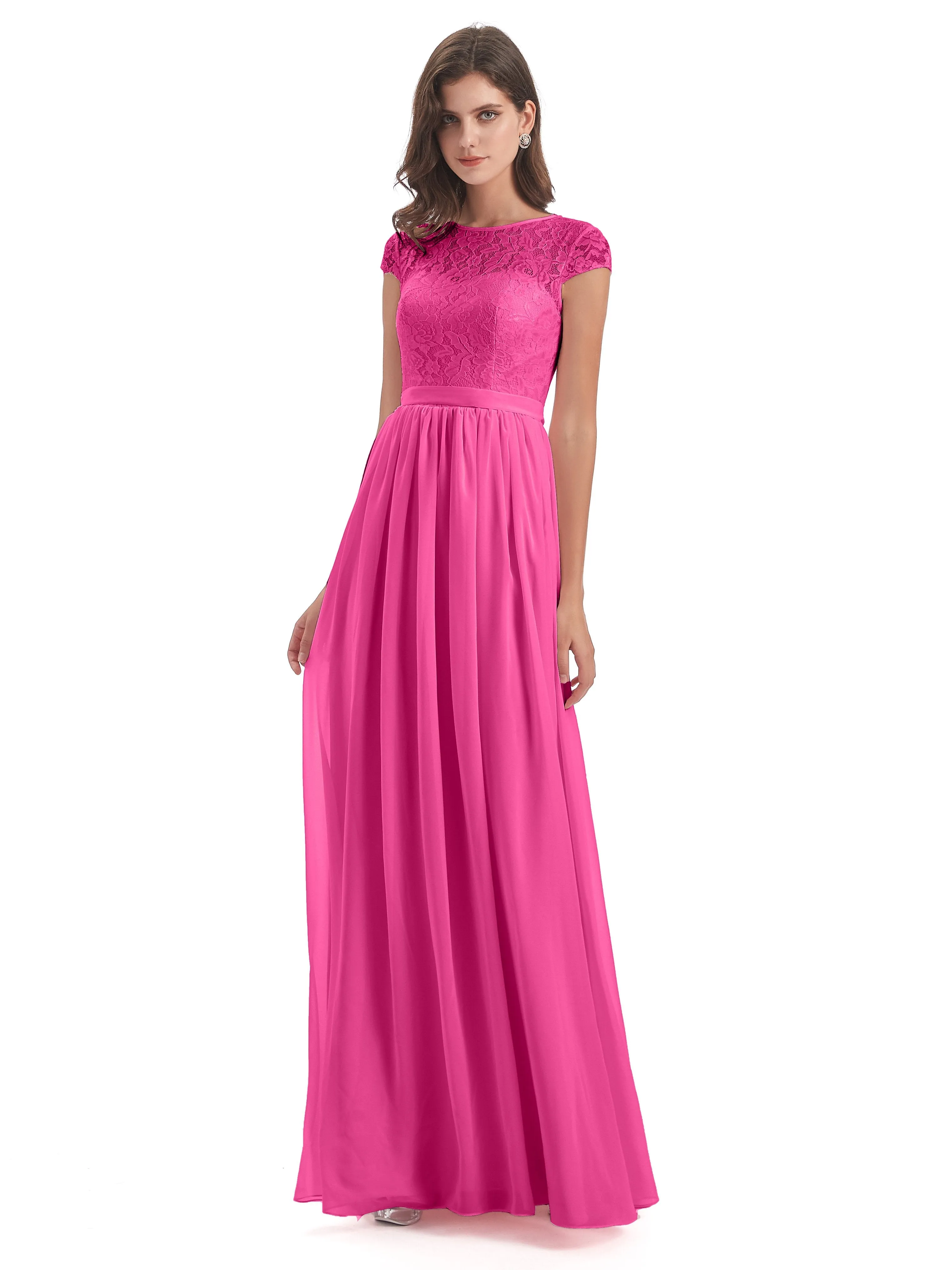 Darcy Modest Cap Sleeves Illusion Long Chiffon Bridesmaid Dresses