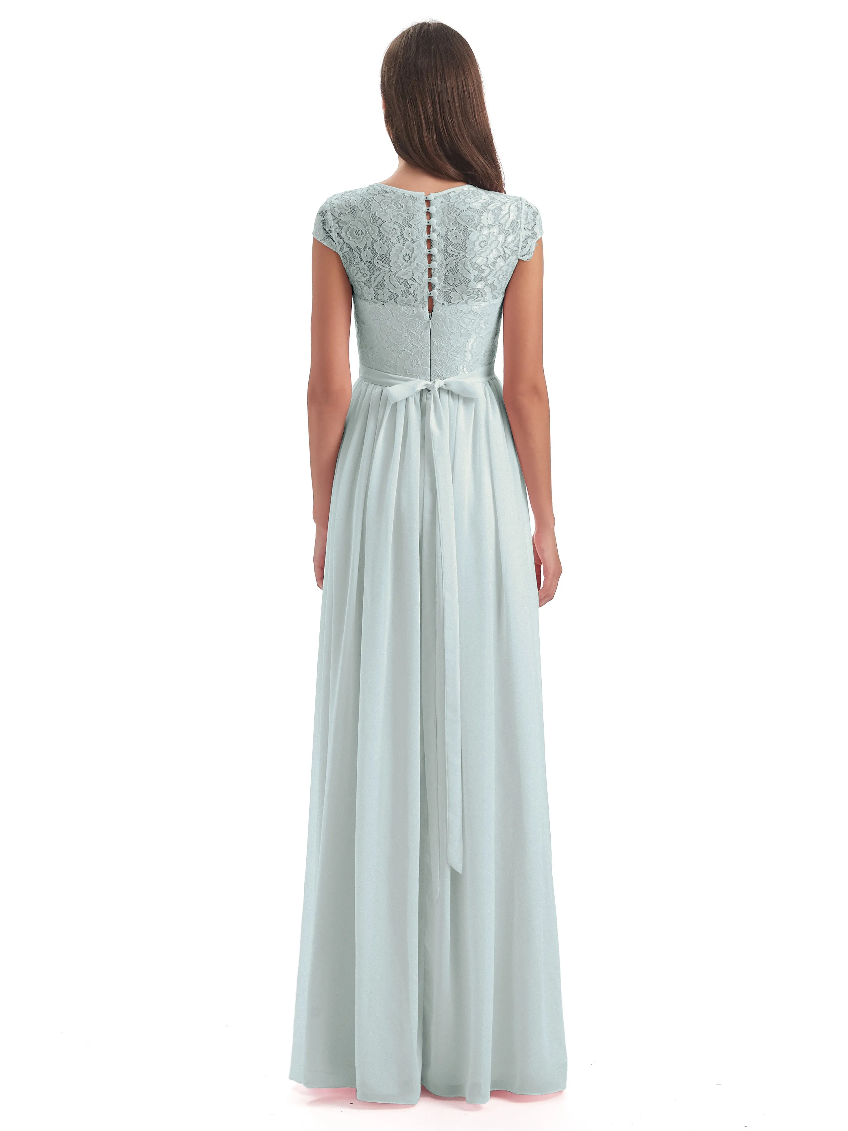 Darcy Modest Cap Sleeves Illusion Long Chiffon Bridesmaid Dresses