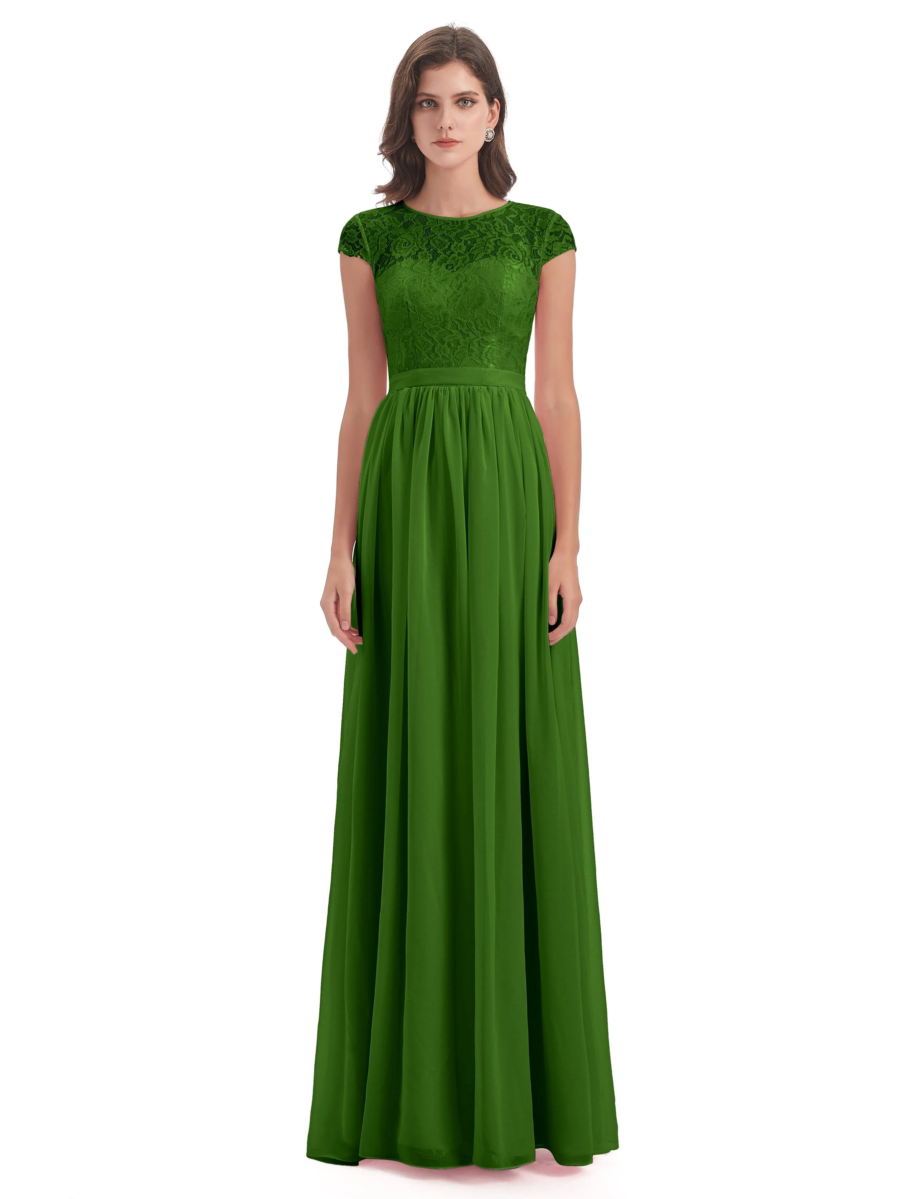 Darcy Modest Cap Sleeves Illusion Long Chiffon Bridesmaid Dresses