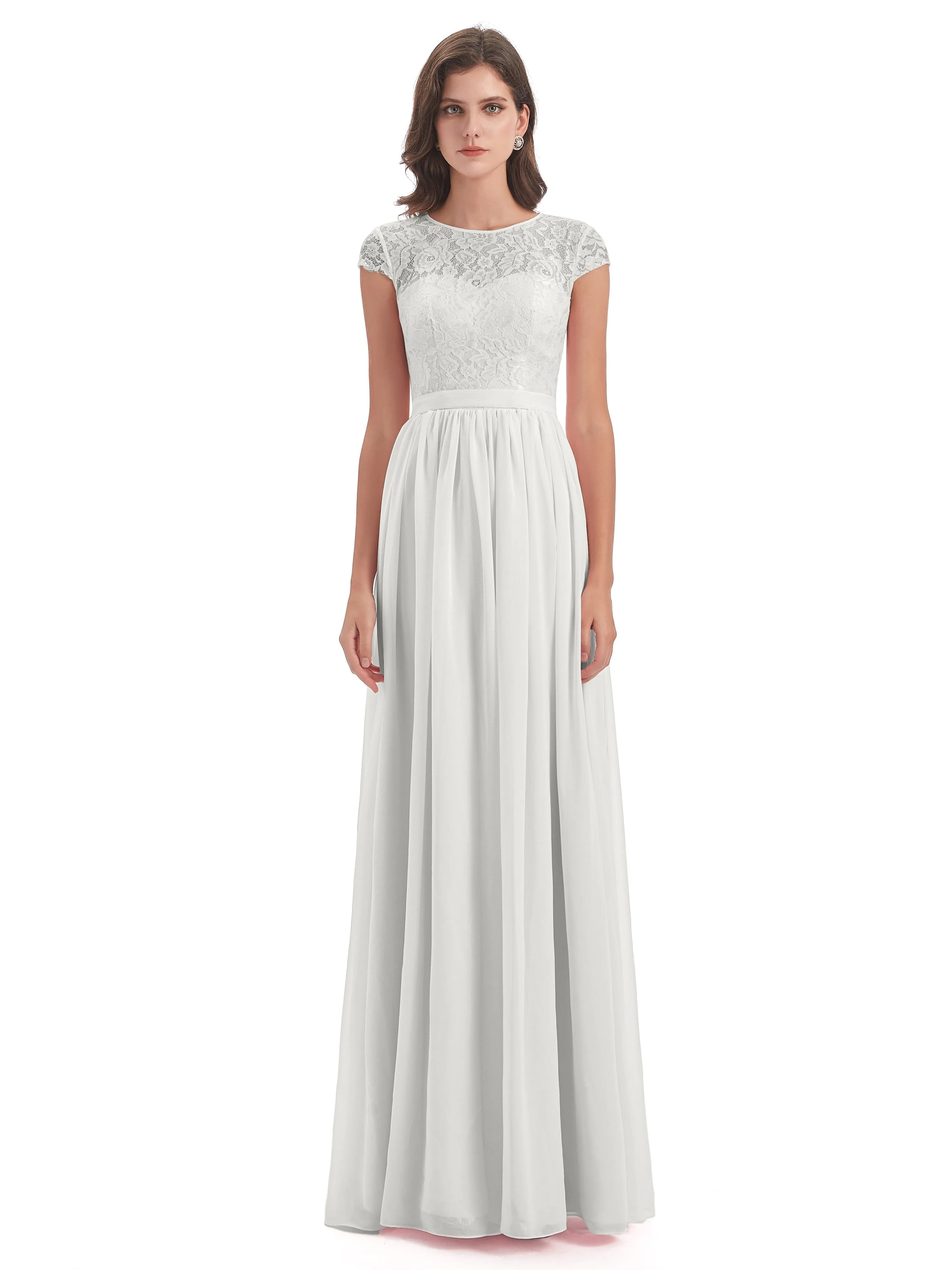 Darcy Modest Cap Sleeves Illusion Long Chiffon Bridesmaid Dresses