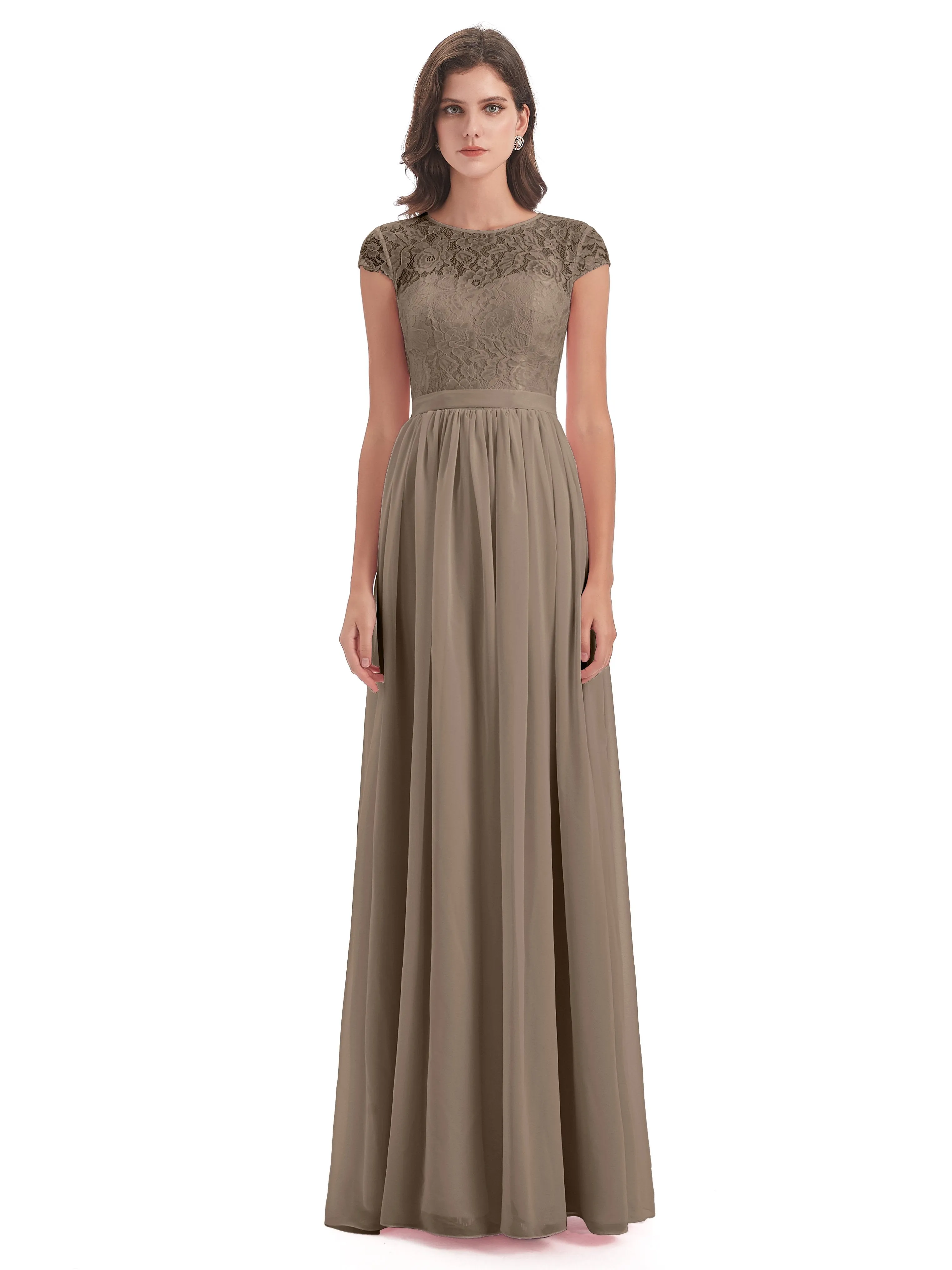 Darcy Modest Cap Sleeves Illusion Long Chiffon Bridesmaid Dresses